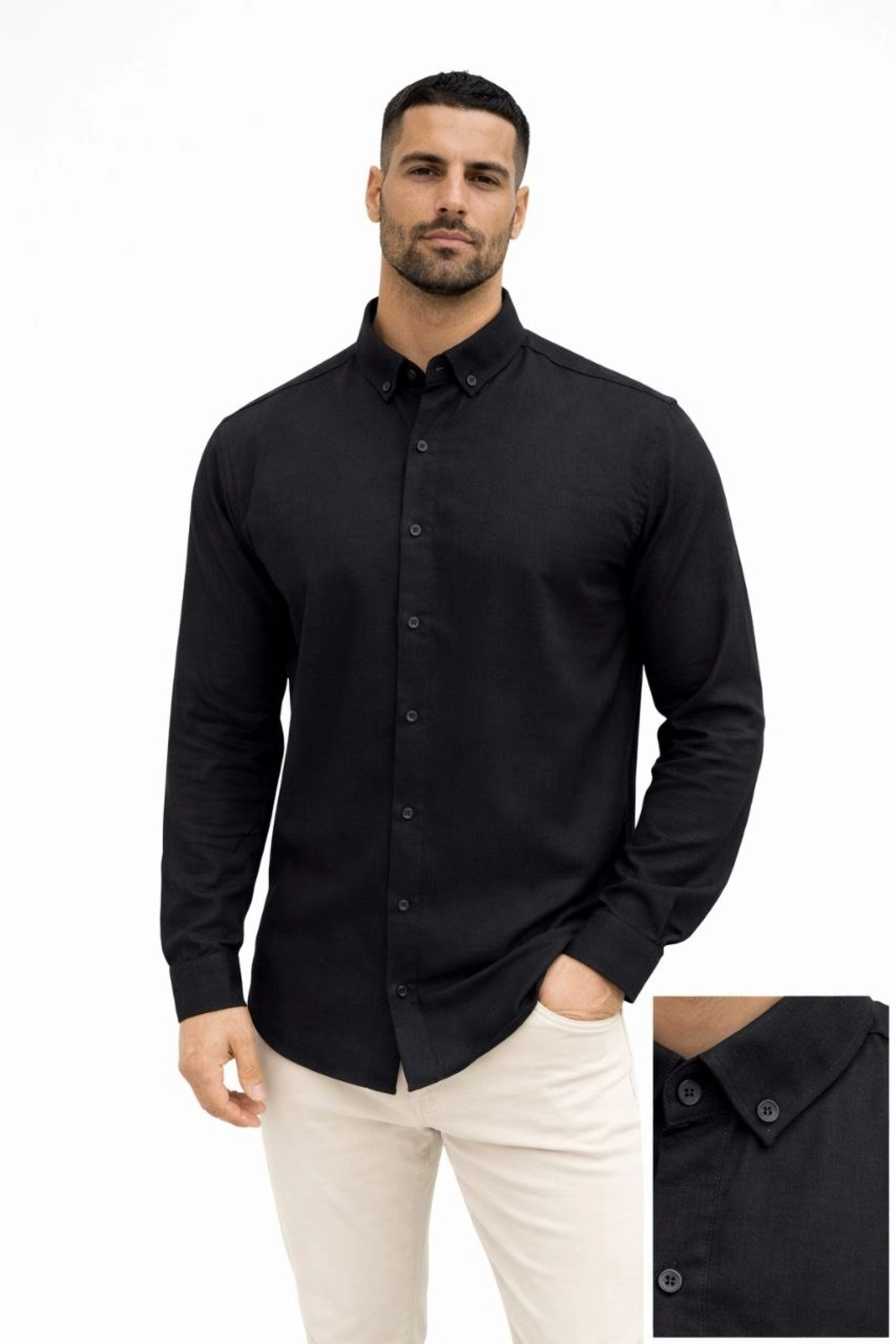 pilelistore Erkek KETEN Kumaş Oversize Uzun Kollu Rahat Kalıp Gömlek - Siyah fotoğrafı 2 (önizleme)