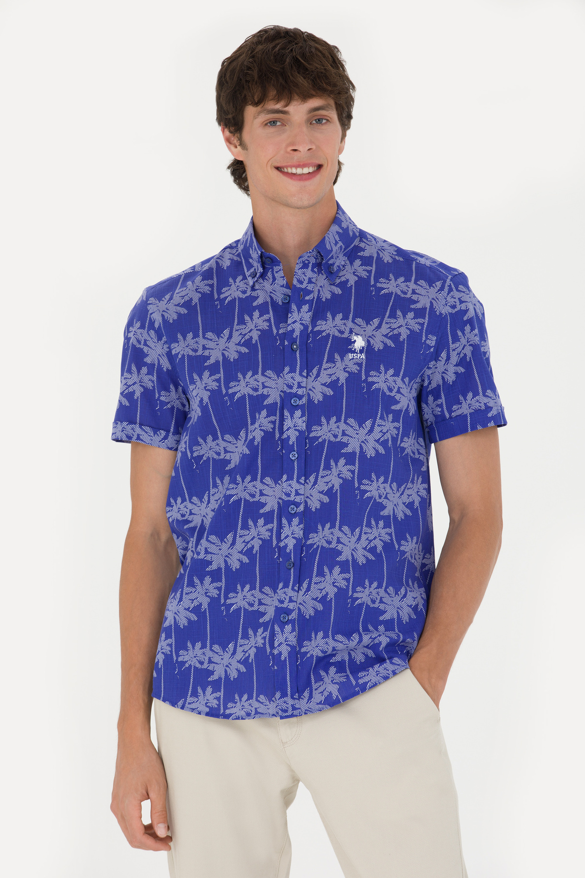 U.S. Polo Assn. Erkek Mavi Kısa Kollu Gömlek 50247599-VR212 — آبی