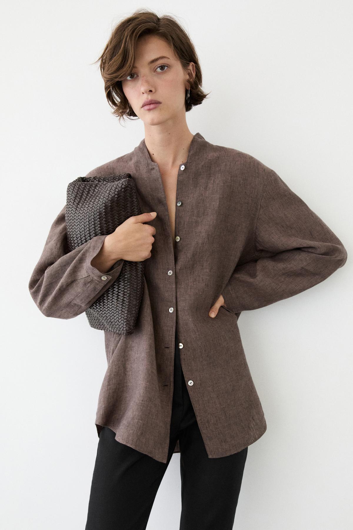 Massimo Dutti  %100 keten v yaka gömlek - Görsel 2