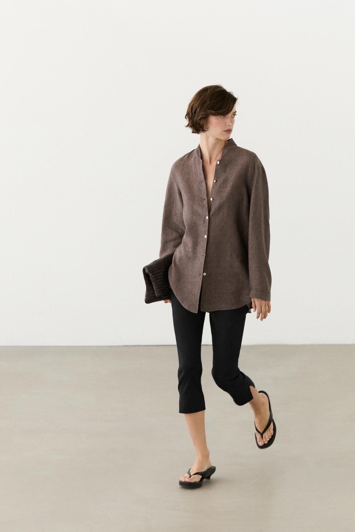 Massimo Dutti  %100 keten v yaka gömlek - Görsel 3