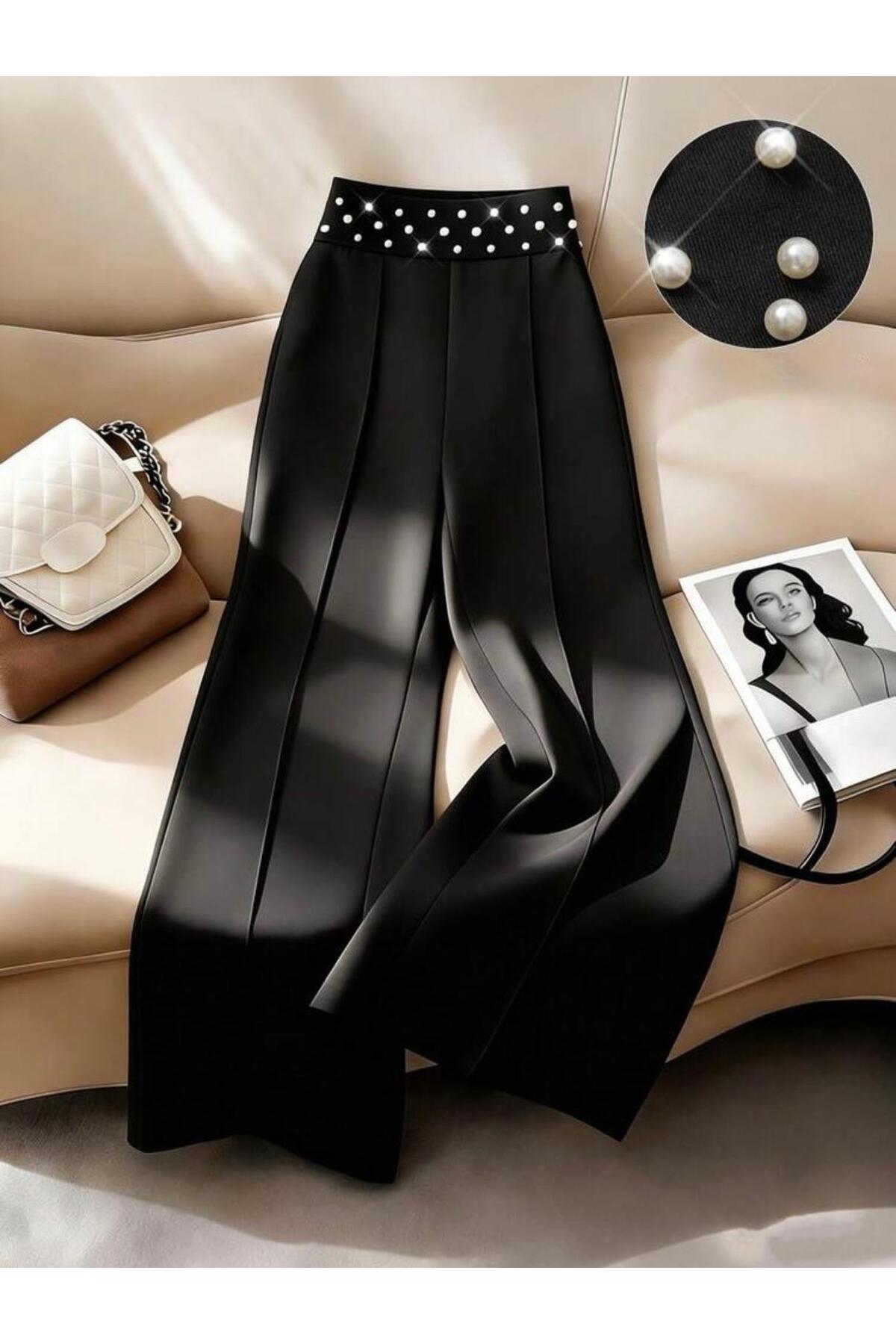 nathia outdoors  Yüksek Bel İnci Detaylı Palazzo Kadın Pantolon