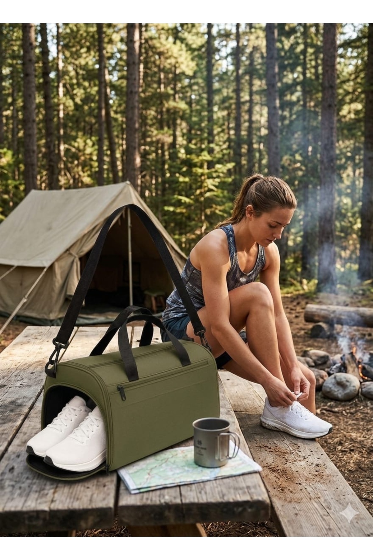 içten  Haki Yeşil Önü Cepli Ayakkabı Bölmeli Geniş Bavul Seyahat Gym Fitness El ve Spor Çantası - Görsel 2