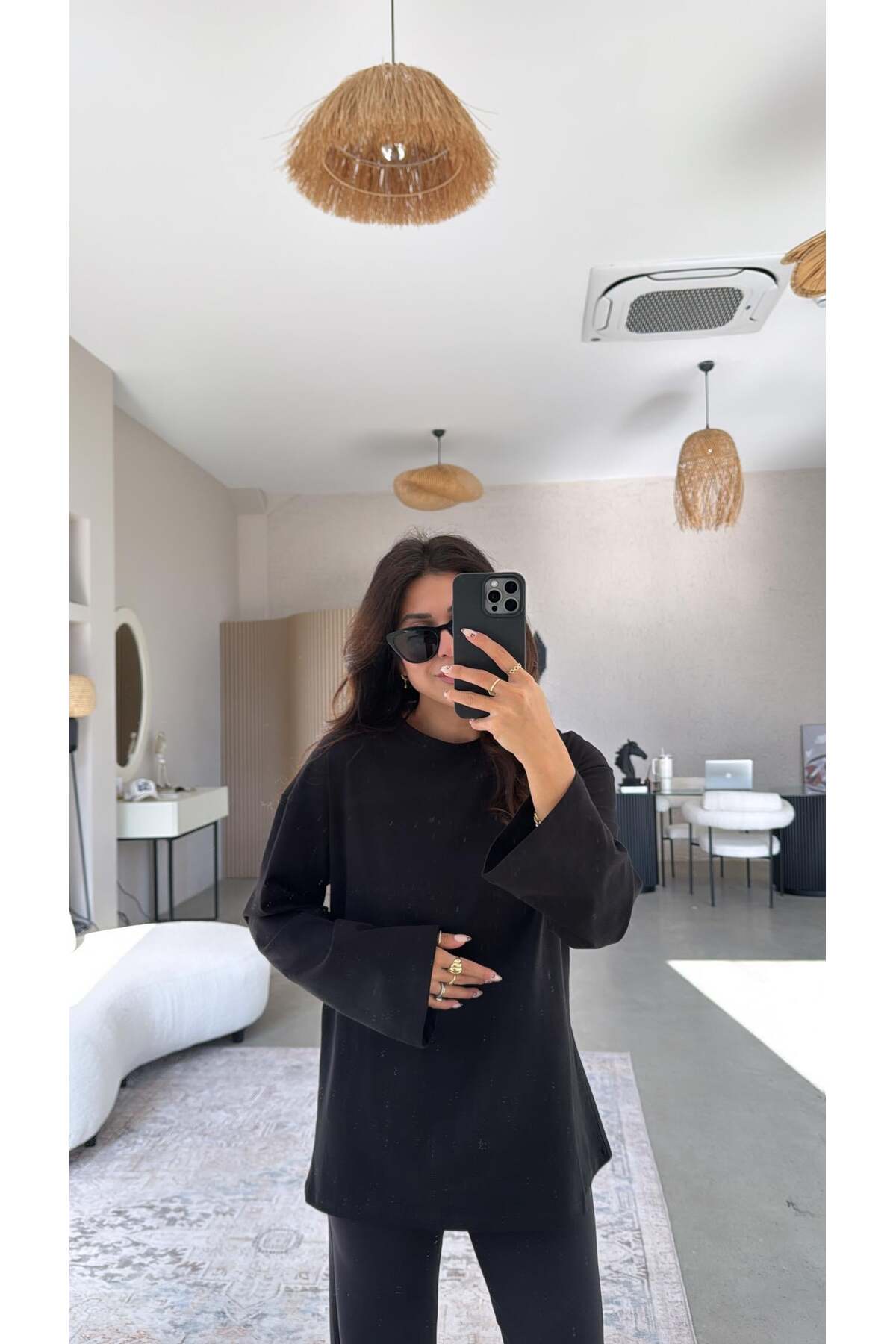 ELİSSE  Kadın 2’li Set Oversize Basic Uzun Kollu Tişört Beyaz Siyah Salaş Rahat Kalıp - Görsel 5