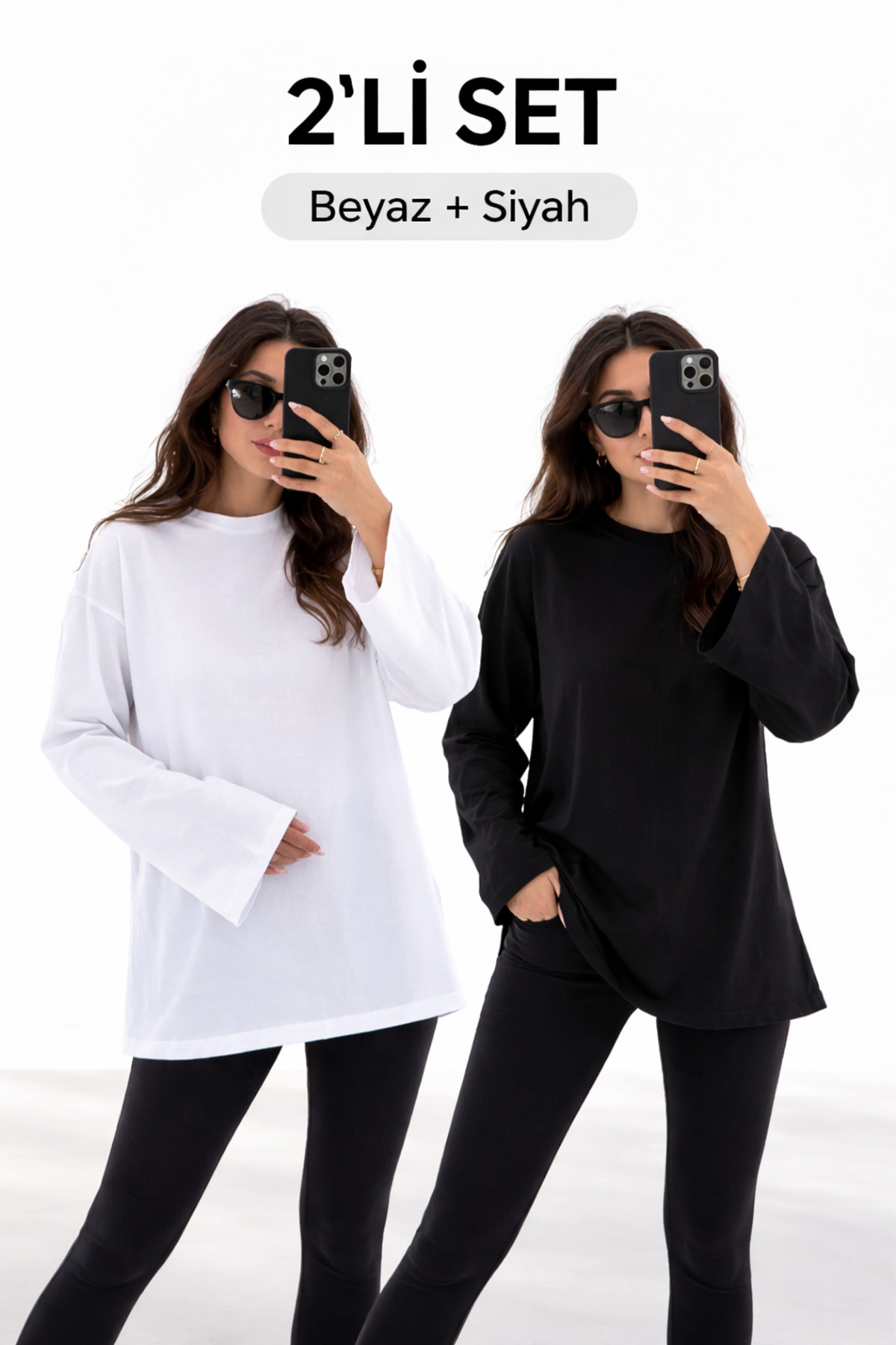 ELİSSE  Kadın 2’li Set Oversize Basic Uzun Kollu Tişört Beyaz Siyah Salaş Rahat Kalıp