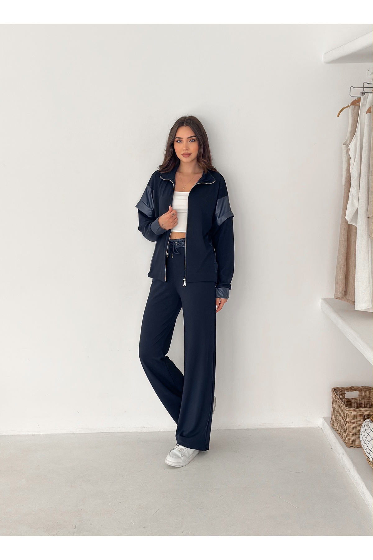 Kadın Jesica Kumaş Garnili Baggy Eşofman Takımı Salaş Spor Şık Jesica Fabric Tracksuit — سرمه‌ای JESİCATKM-2605