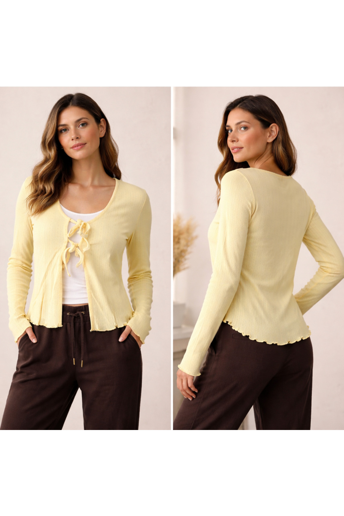 Foola Moda  Pastel Sarı Önü Bağlamalı Fitilli İnce Hırka - Romantik ve Şık - Görsel 3