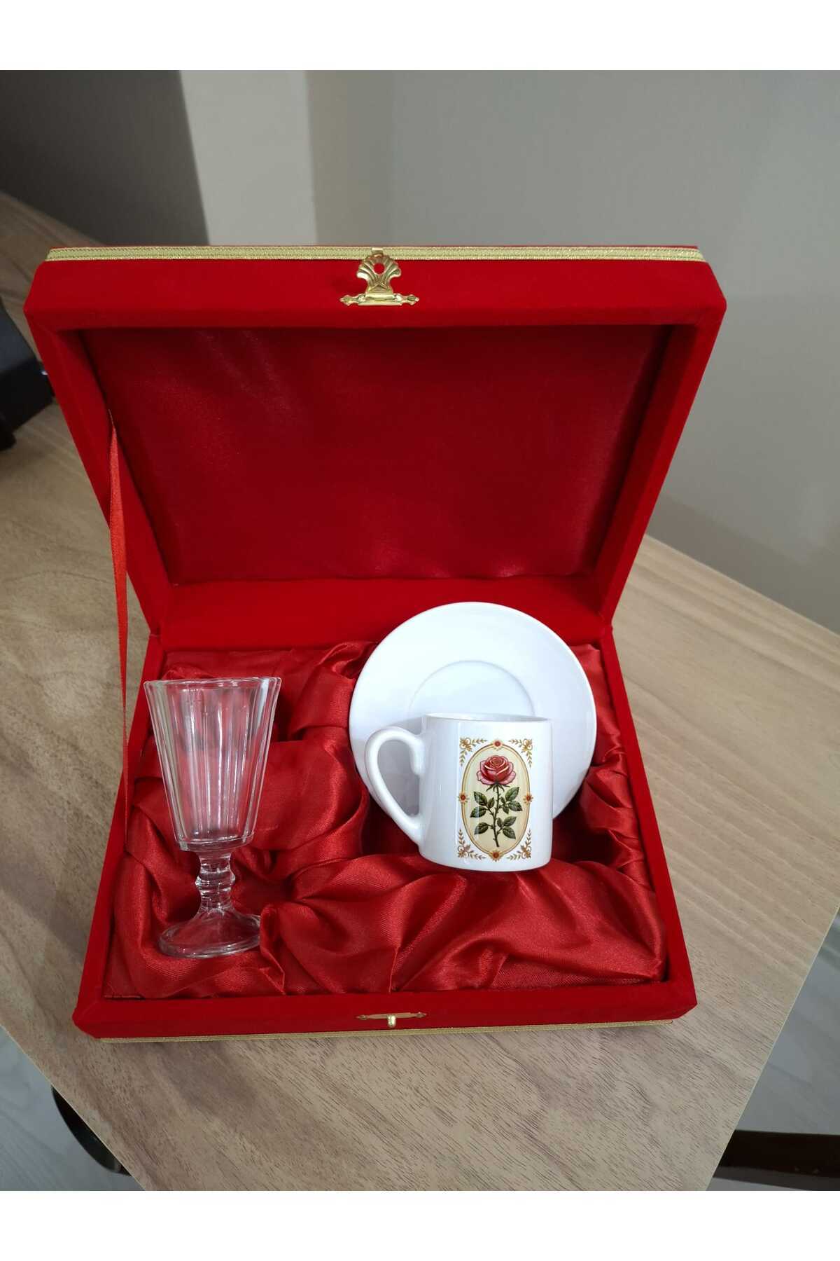 Kişiye Özel Pembe Çiçek Baskılı Özel Kadife Kutu Hediyelik Türk Kahve Fincan Ve Fincan Yanı Bardağı