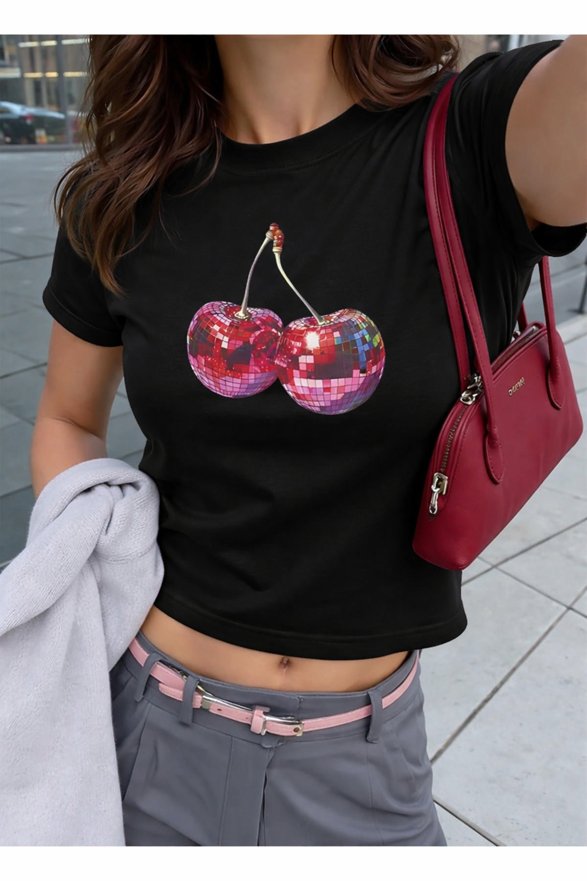 Women's Black Glowing Cherry Printed Crew Neck Slim Crop T-Shirt