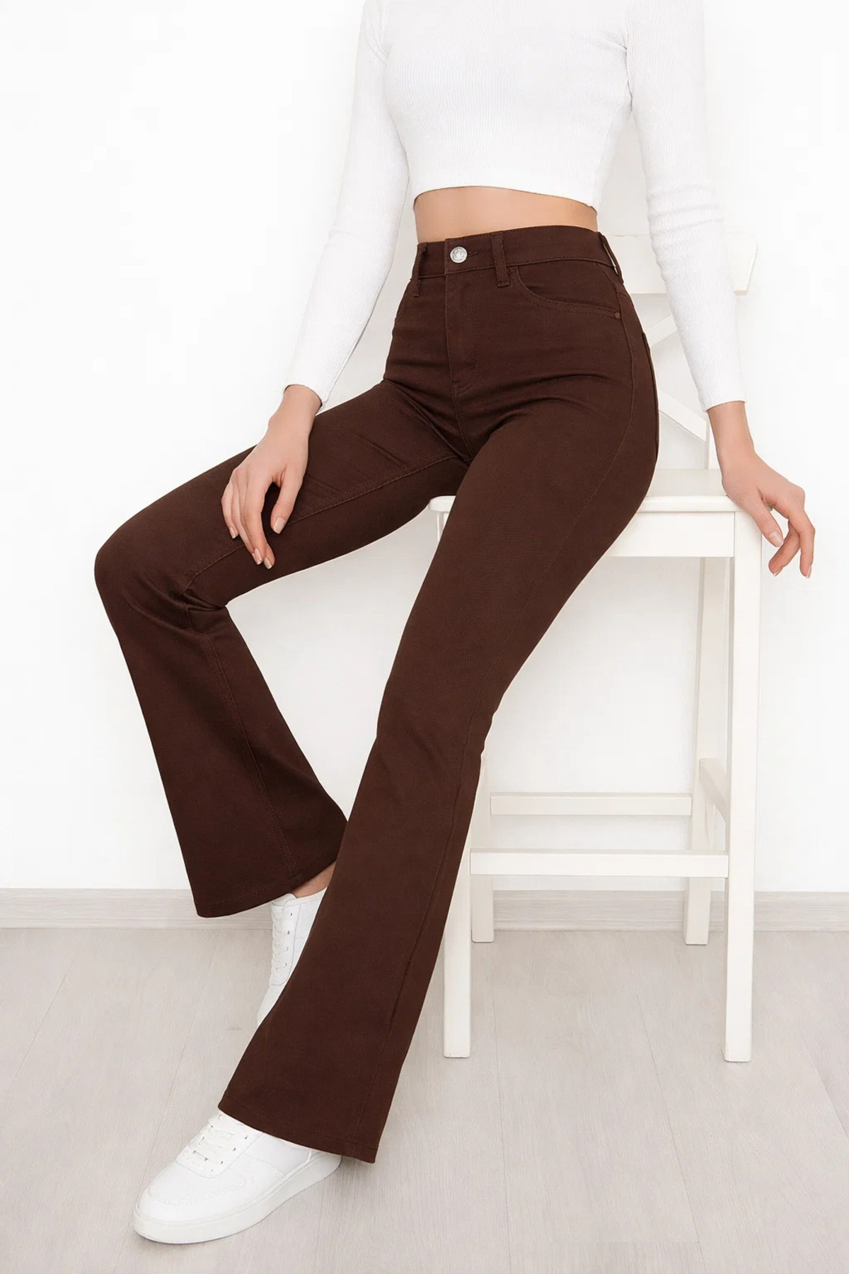 mirosh  Yüksek Bel Ispanyol Paça Keten Pantolon Kahverengi