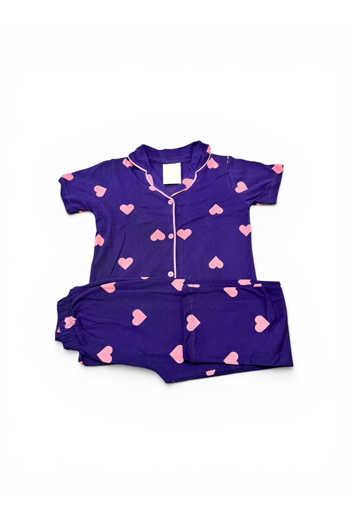 SERRASTIL Kız Çocuk Mor Renkli Kalp Desenli Pamuklu Kısa Kollu Pİjama Takımı fotoğrafı 6 (önizleme)