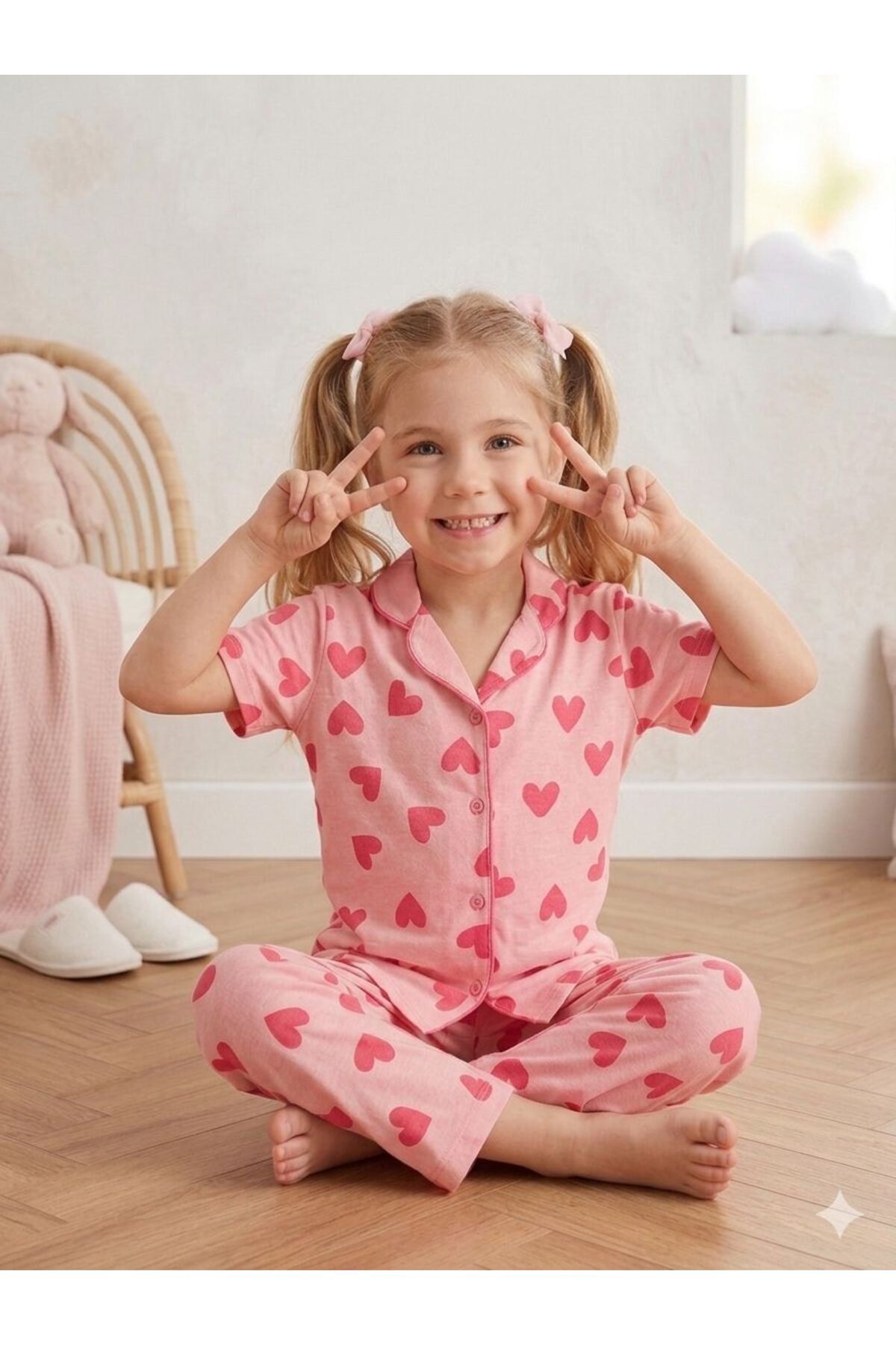 SERRASTIL Kız Çocuk Pembe Renk Kalp Desenli Pamuklu Kısa Kollu Pijama Takımı fotoğrafı 3 (önizleme)