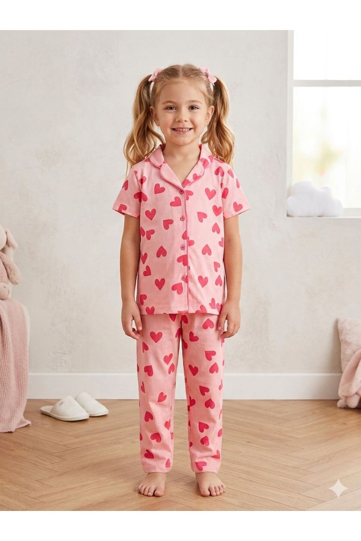 SERRASTIL Kız Çocuk Pembe Renk Kalp Desenli Pamuklu Kısa Kollu Pijama Takımı fotoğrafı 2 (önizleme)