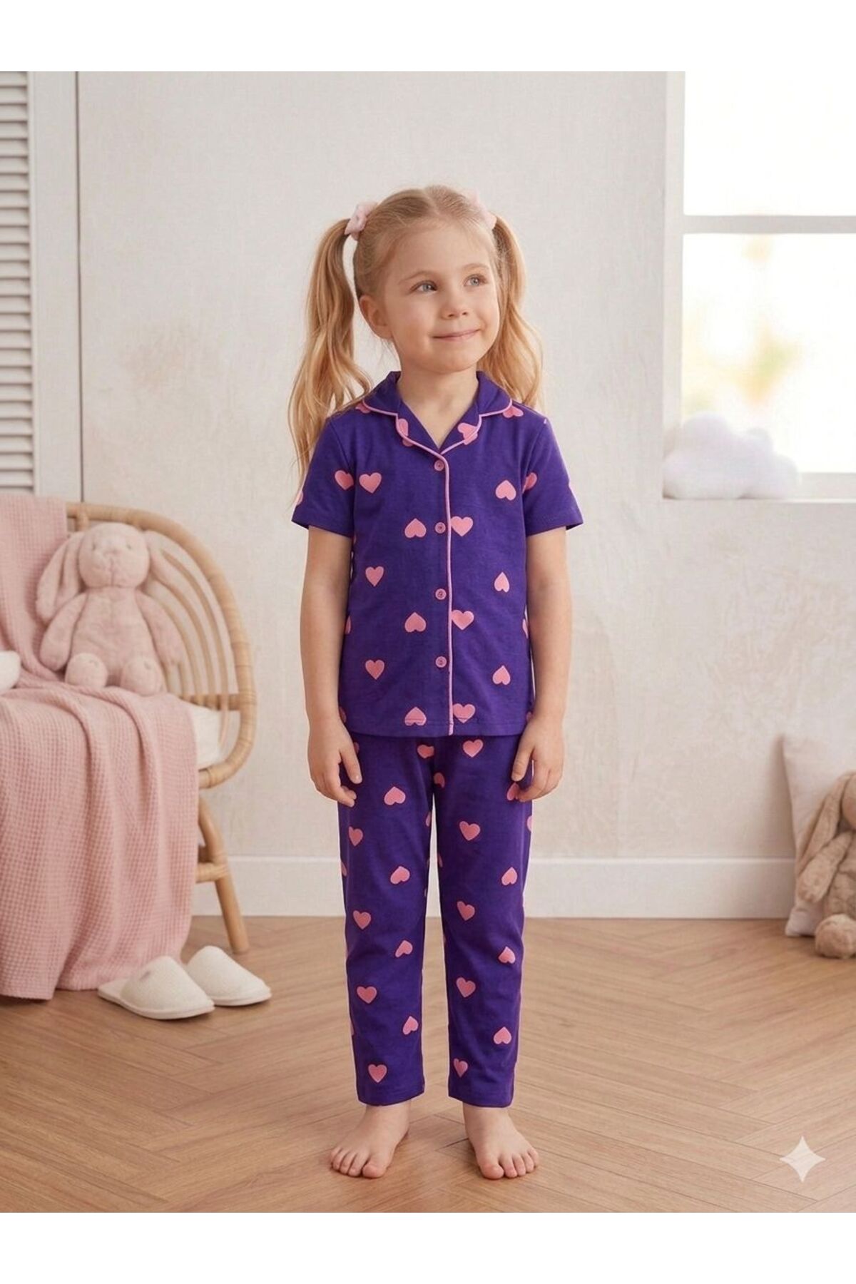 SERRASTIL Kız Çocuk Mor Renkli Kalp Desenli Pamuklu Kısa Kollu Pİjama Takımı fotoğrafı 3 (önizleme)