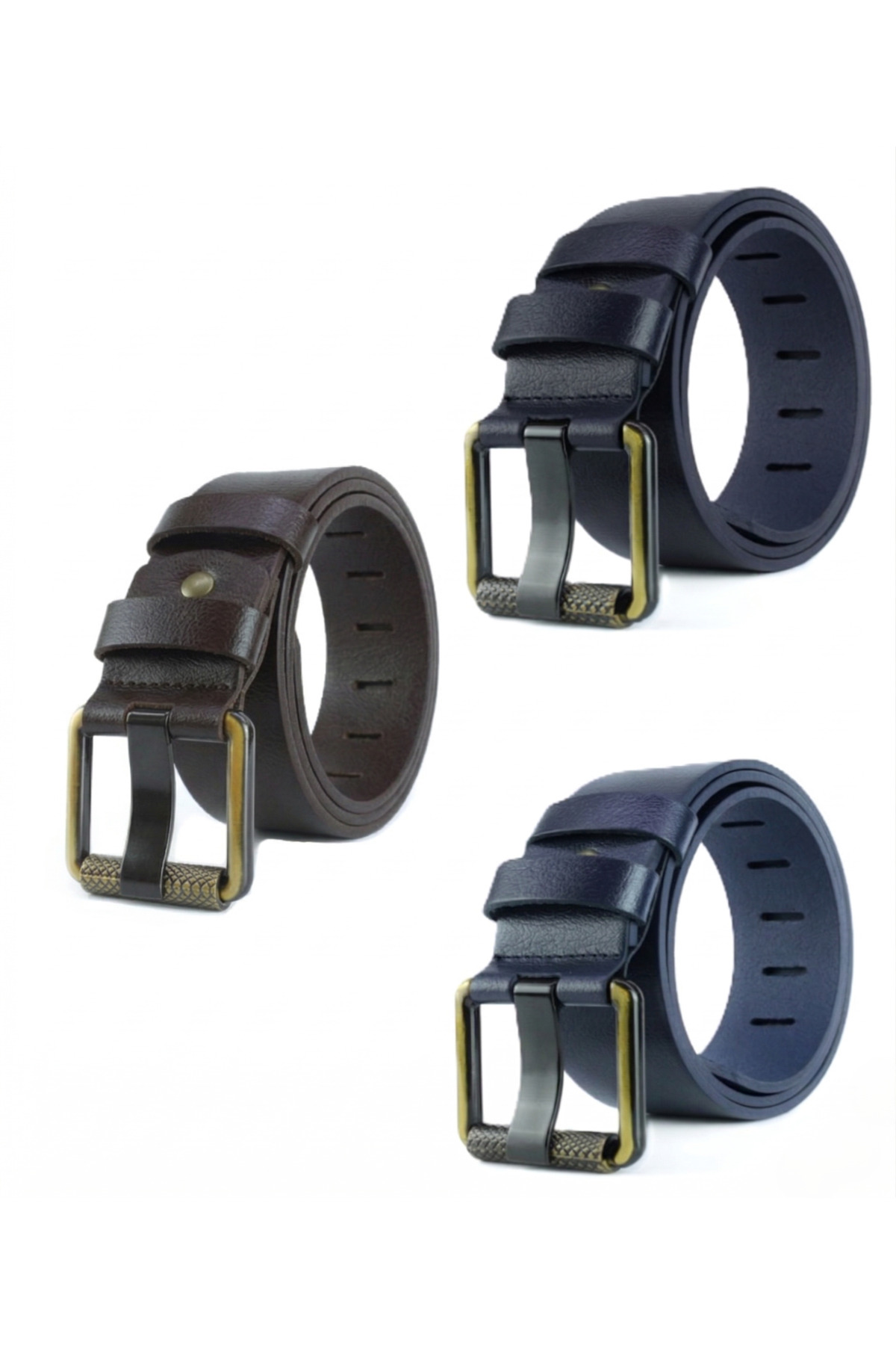 3-Pack Men's 100% Genuine Leather 4.5 cm Denim Belt with Yellow Tubing Black - Navy - Brown