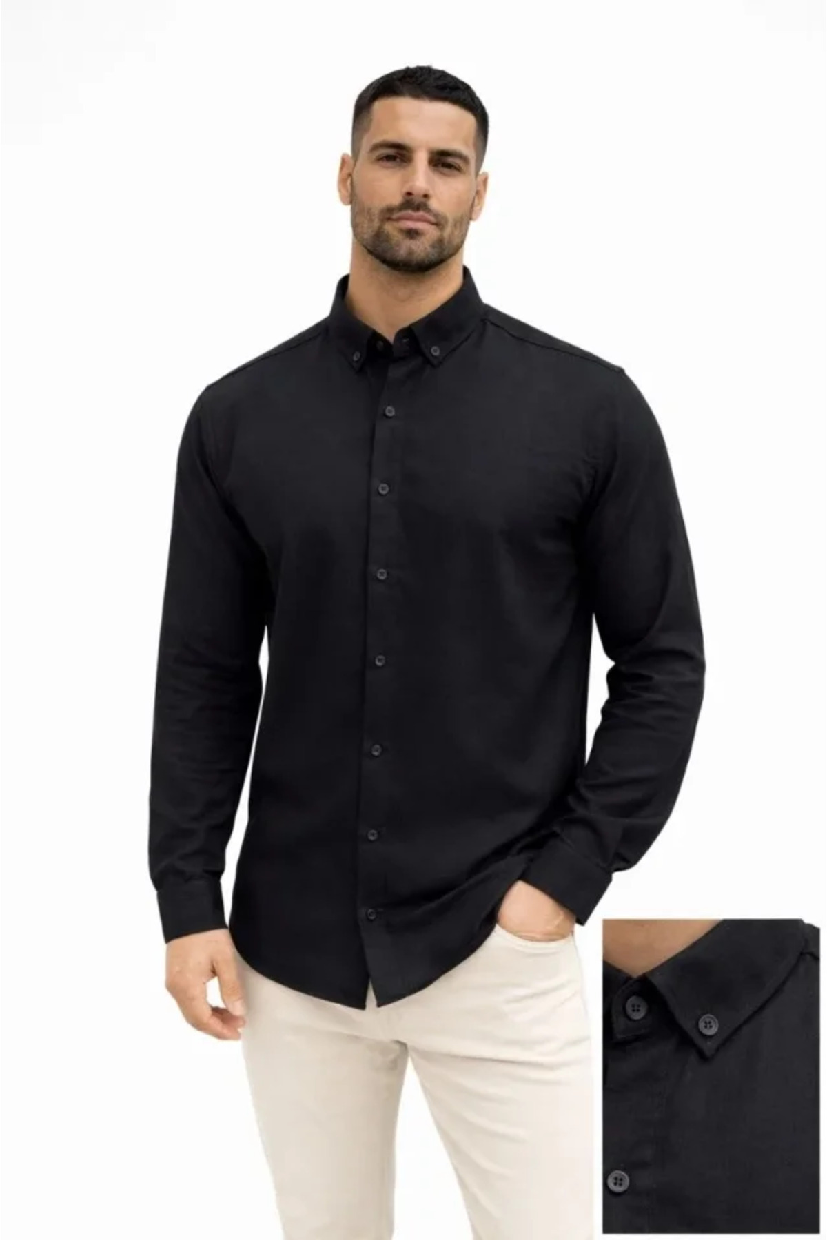 GETFAY Erkek KETEN Kumaş Oversize Uzun Kollu Rahat Kalıp Gömlek 10338-Siyah fotoğrafı 2 (önizleme)