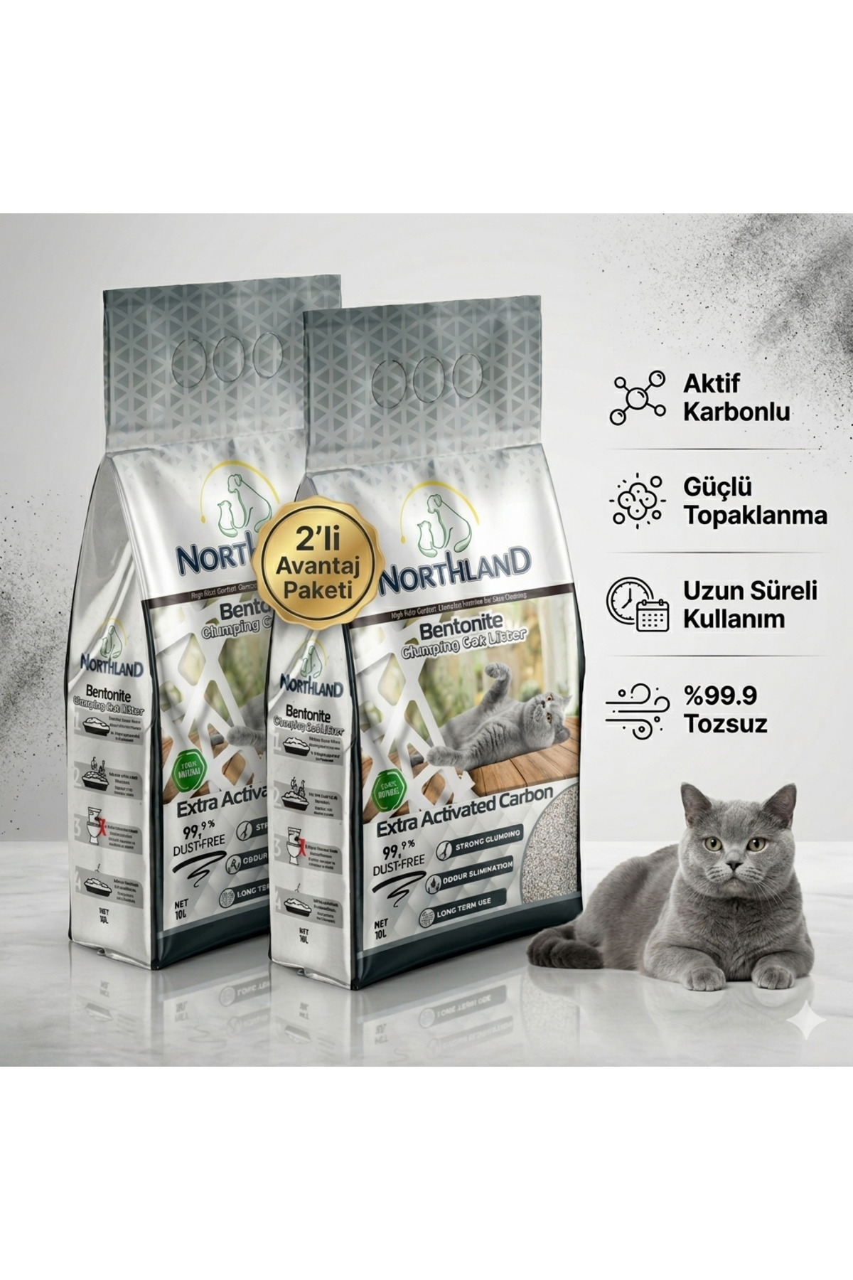 NORTHLAND Doğal Bentonit Tozsuz Aktif Karbonlu Kedi kumu 10 lt X 2 Adet