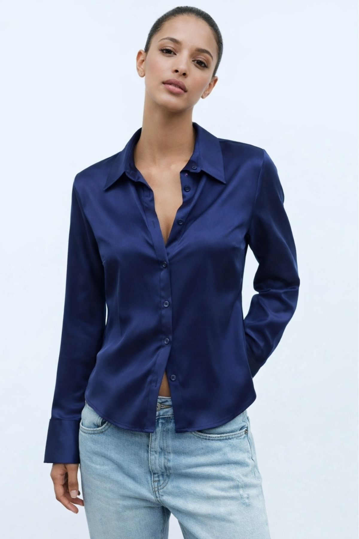 Hola Lady Lacivert Saten Fitted Gömlek HL053