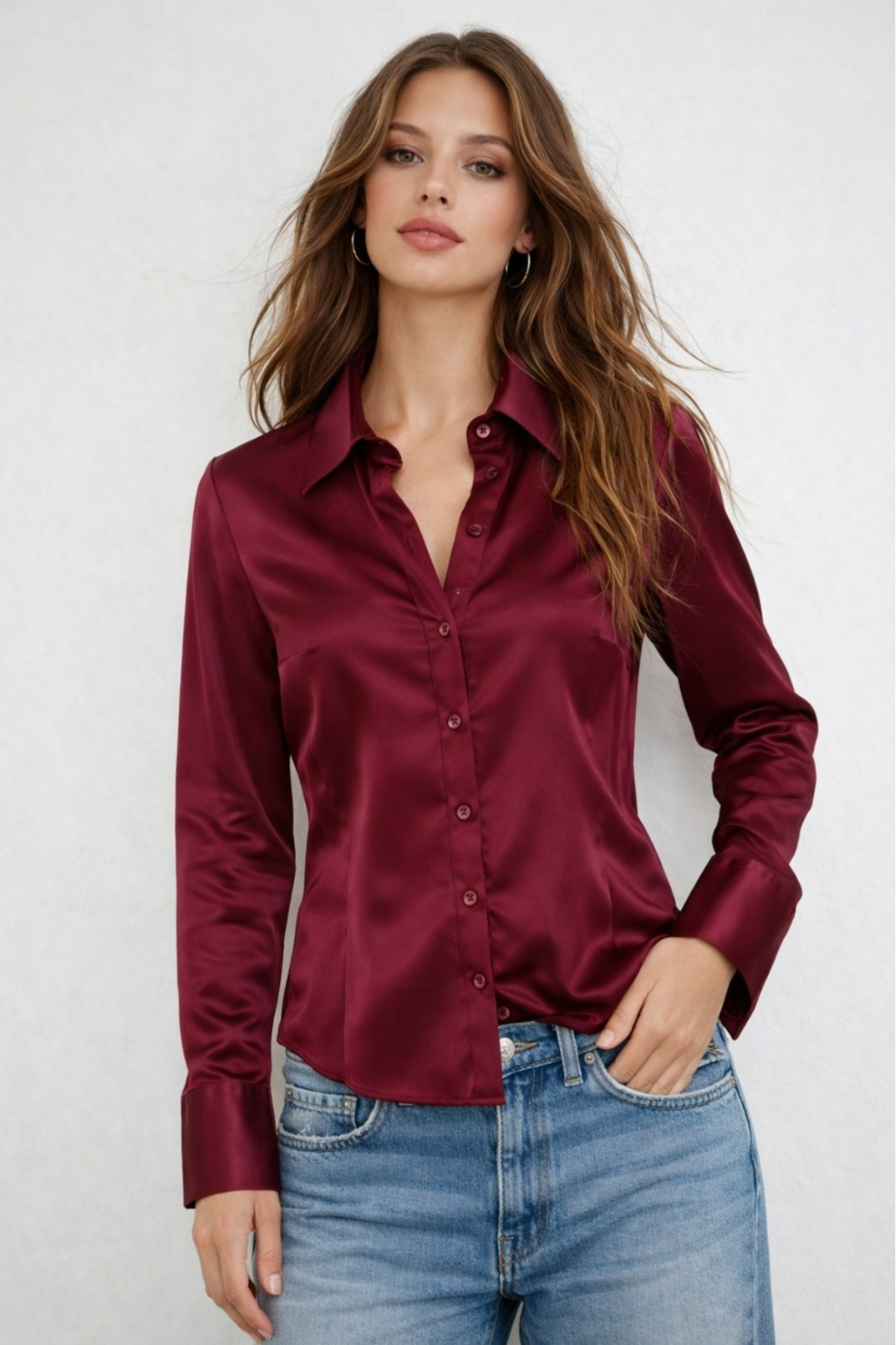 Hola Lady Bordo Saten Fitted Gömlek HL053