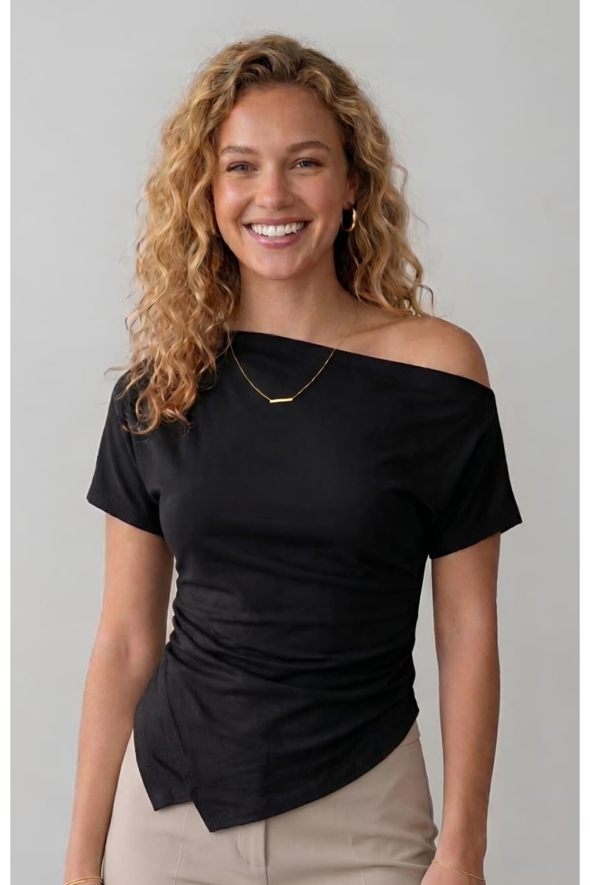 NEW PRODUCT Women's Cotton Fabric Shirring Detailed Asymmetrical Cut Low Shoulder Blouse