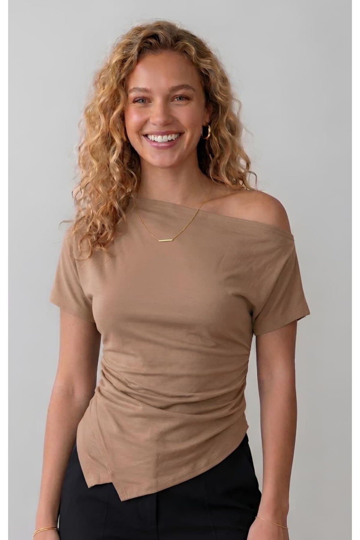 NEW PRODUCT Women's Cotton Fabric Shirring Detailed Asymmetrical Cut Low Shoulder Blouse