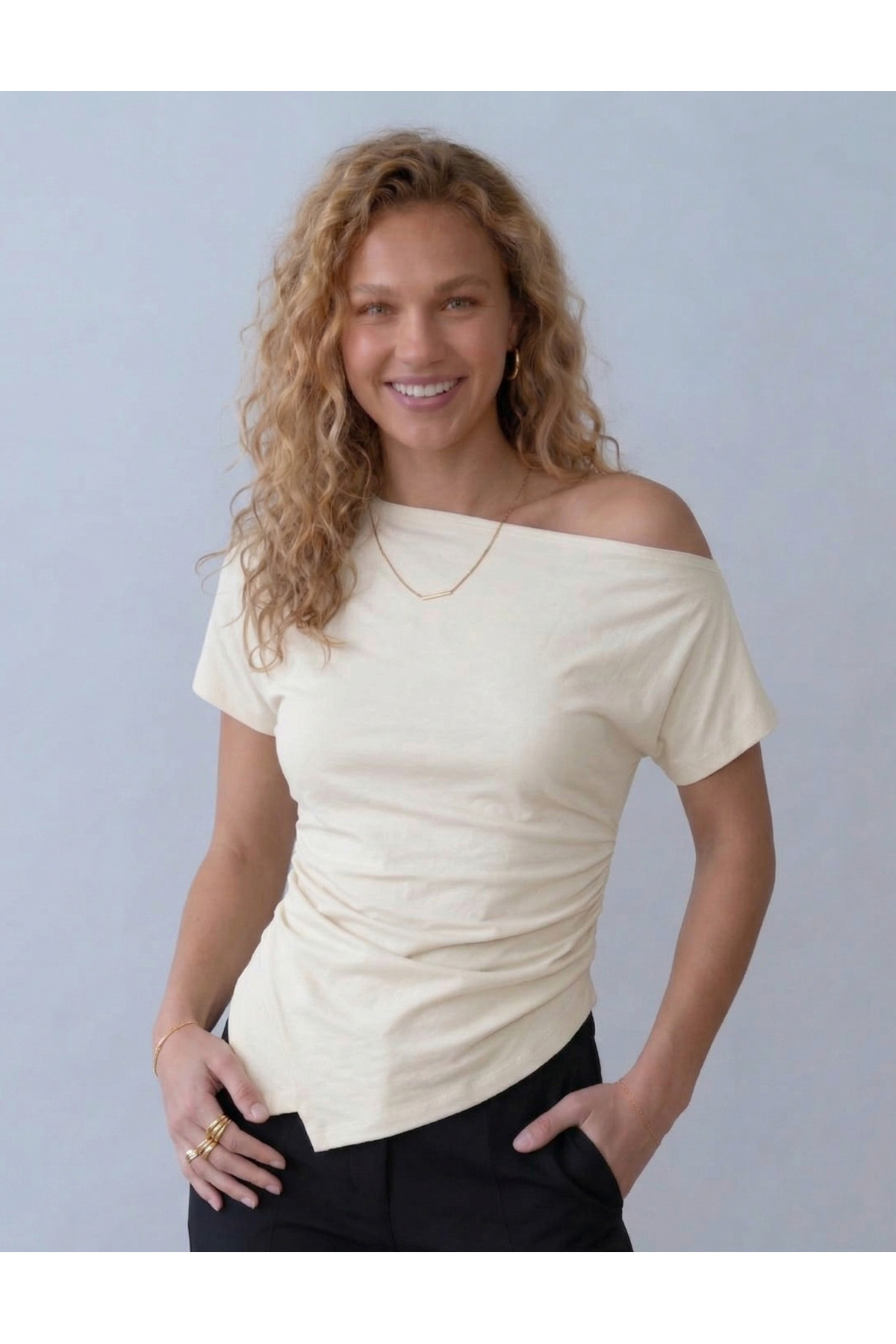 NEW PRODUCT Women's Cotton Fabric Shirring Detailed Asymmetrical Cut Low Shoulder Blouse