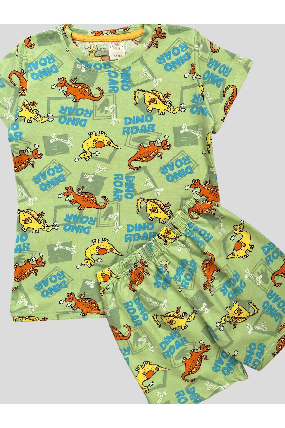 elmas kids Erkek Çocuk %100 Pamuklu Yeşil Renk Dinozor Desenli Kısa Kollu Şortlu Yazlık Pijama Takımı fotoğrafı 2 (önizleme)