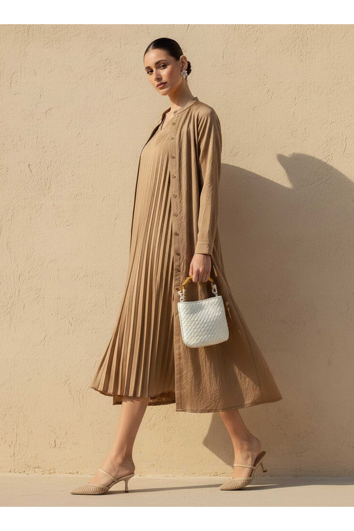 Iconic Pleated A-line Women Dress with Longline Shrug