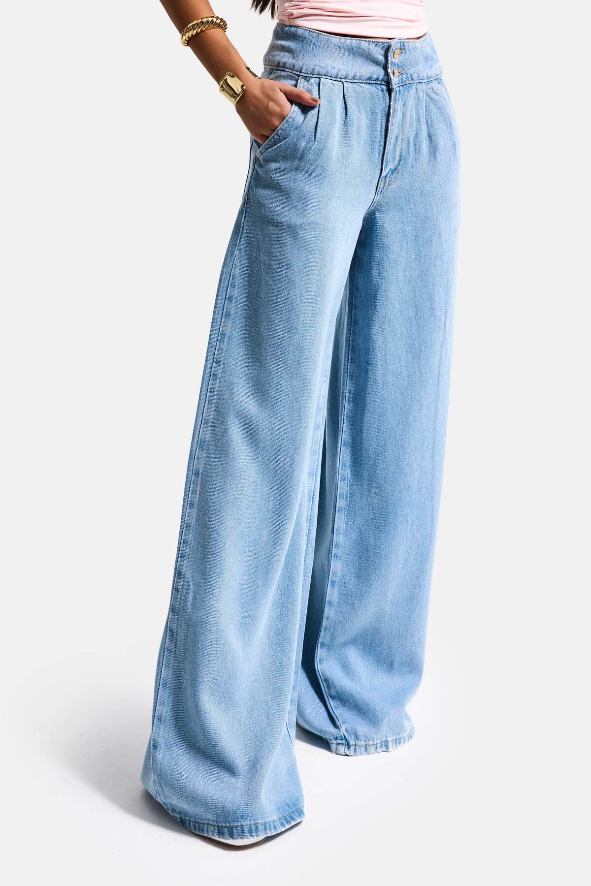 it's basic  Kadın Mavi 1s6-3 Süper Palazzo Fit Viskon Özel Kumaş Dökümlü Denim Jean