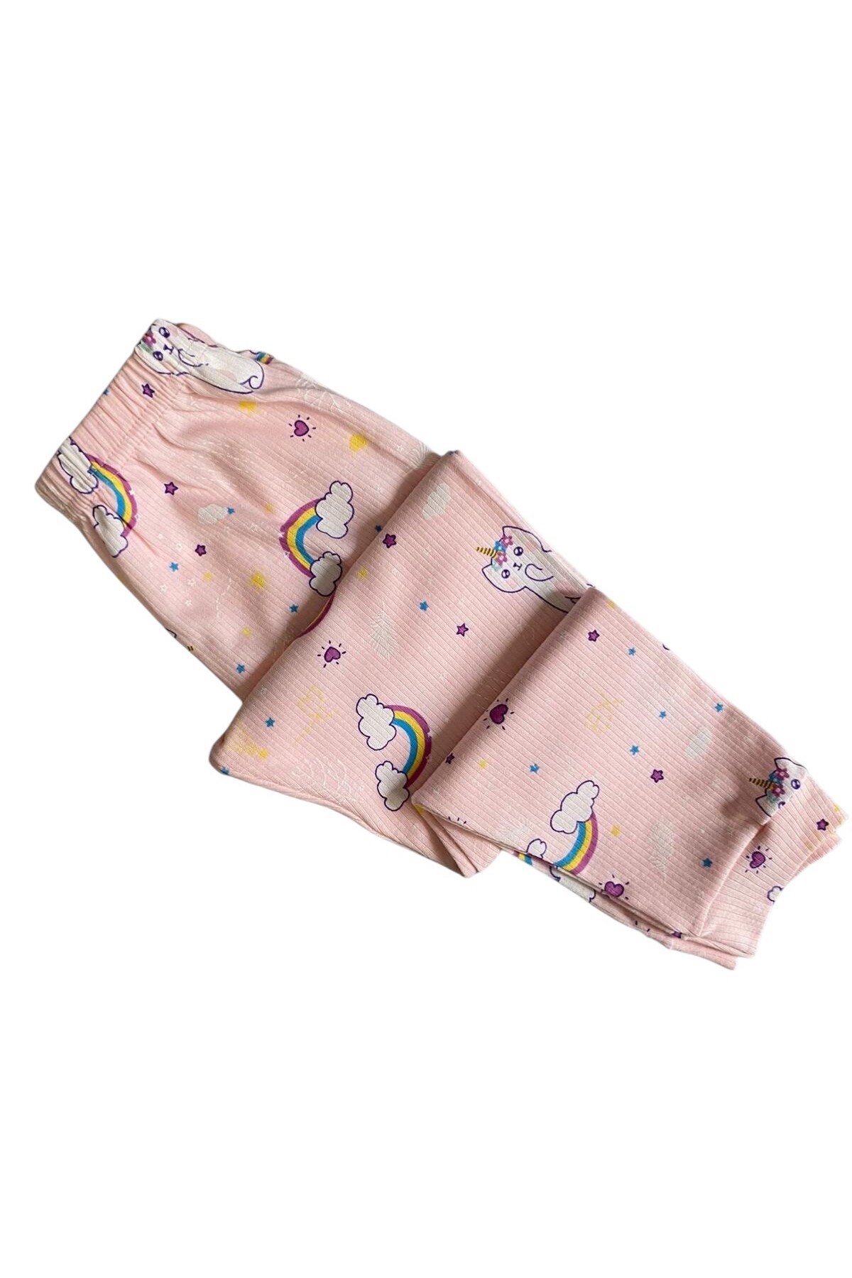 elmas kids Kız Çocuk %100 Pamuklu Pembe Renk Kedi Gökkuşağı Desenli Kısa Kollu Altı Uzun Yazlık Pijama Takımı fotoğrafı 4 (önizleme)