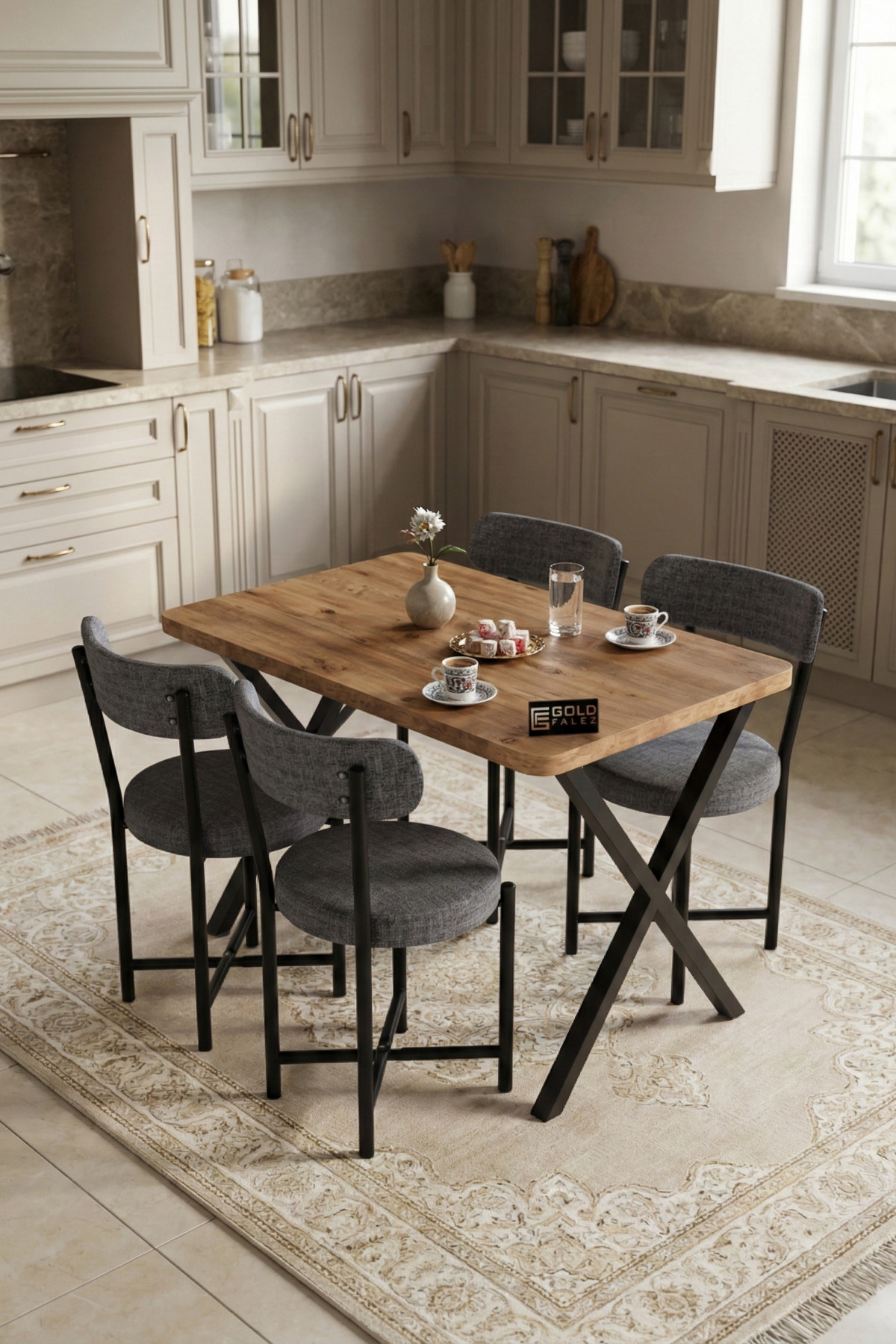Mutfak Masası 4 Sandalyeli Set 110x70 cm Modern Bahçe Cafe Masa Takımı 4 Kişilik Tedy 9880 Gri görsel 3