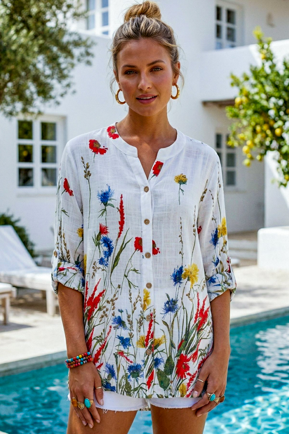 Chiccy  Beyaz Hakim Yaka Düğmeli 3/4 Kol Çiçekli Yırtmaçlı Casual Pamuklu Oversize Dokuma Gömlek 73 60 - Görsel 5