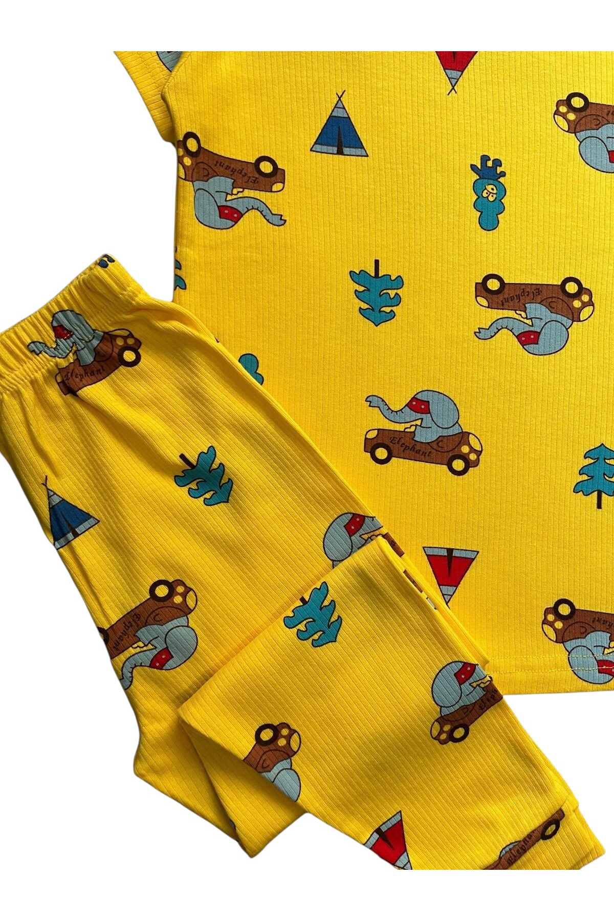 elmas kids Erkek Çocuk %100 Pamuklu Sarı Renk Fil Desenli Kısa Kollu Altı Uzun Yazlık Pijama Takımı fotoğrafı 4 (önizleme)