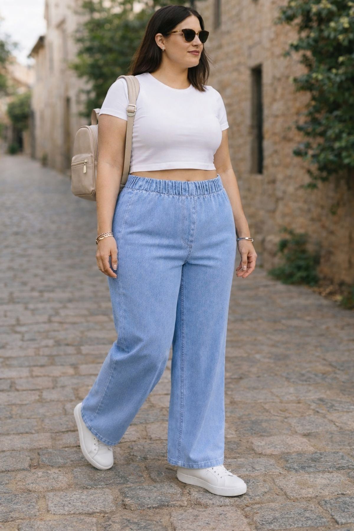 CEDY DENIM  - Büyük Beden Likralı Kumaş Cepsiz Beli Lastikli Palazzo Pantolon C642 - Görsel 7