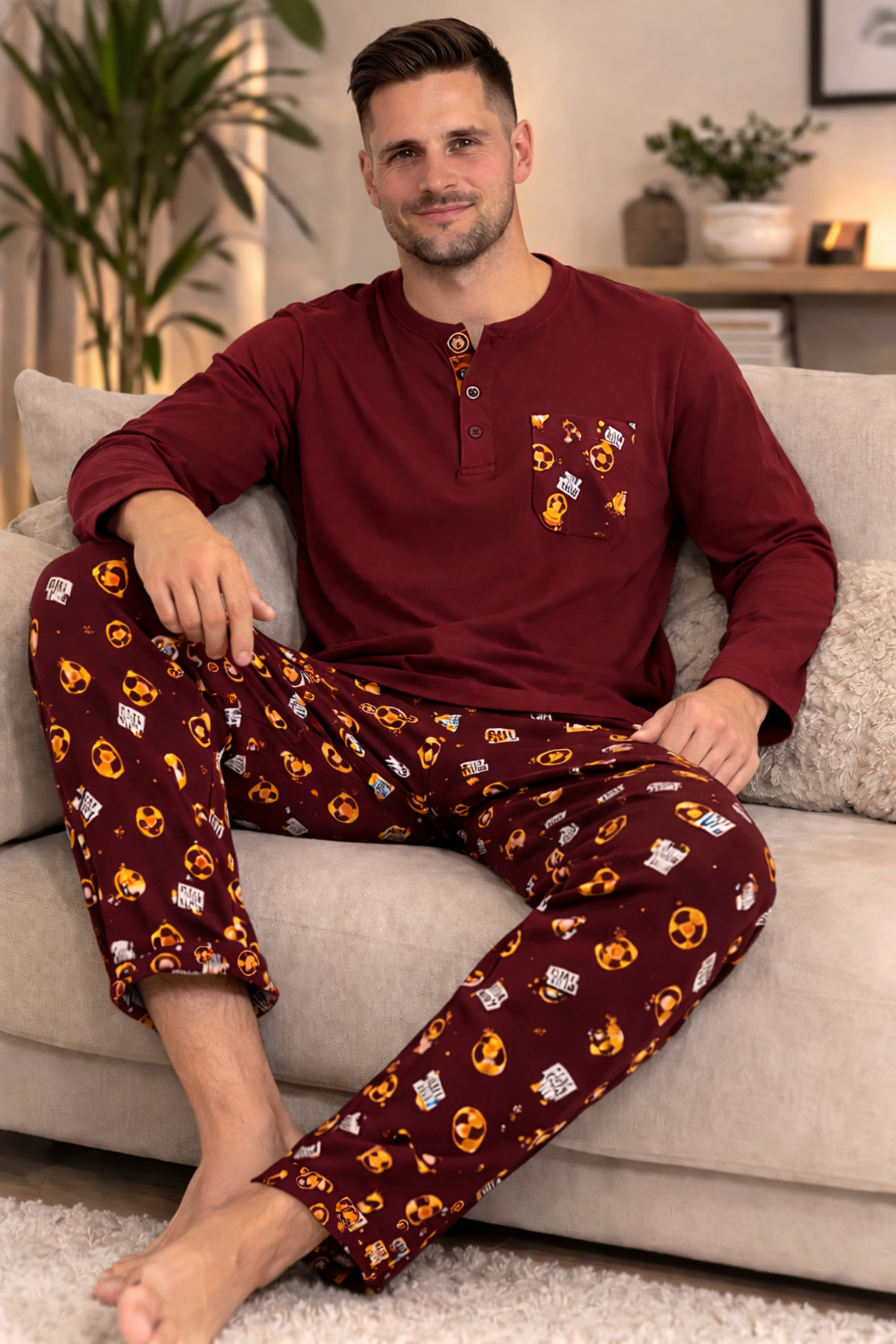 Hipnos Game Time Erkek Pijama Takımı %100 Pamuk Yumuşak Dokulu Üst Relax Fit Ev Giyim Seti görsel 2