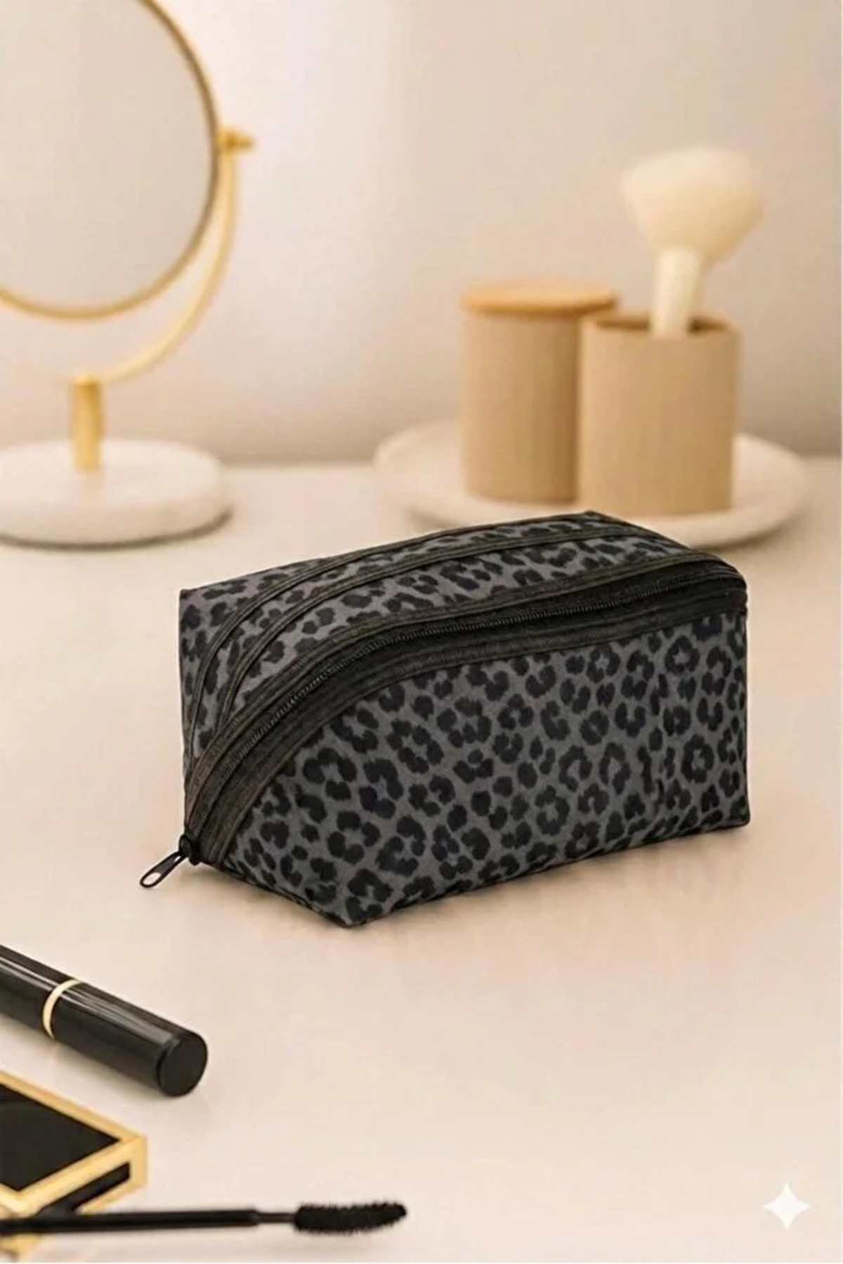 Premium Büyük Boy Makyaj Çantası I Premium Leopar Saç Şekillendirici Çantası 2 li Kombin Set — مشکی Mrprt2liKmbStLeo — تصویر 3 از 4