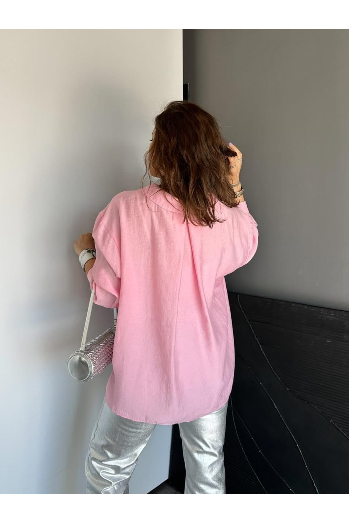 My Blog  Pembe Düşük Omuz Oversize Gömlek - 4612 - Görsel 4