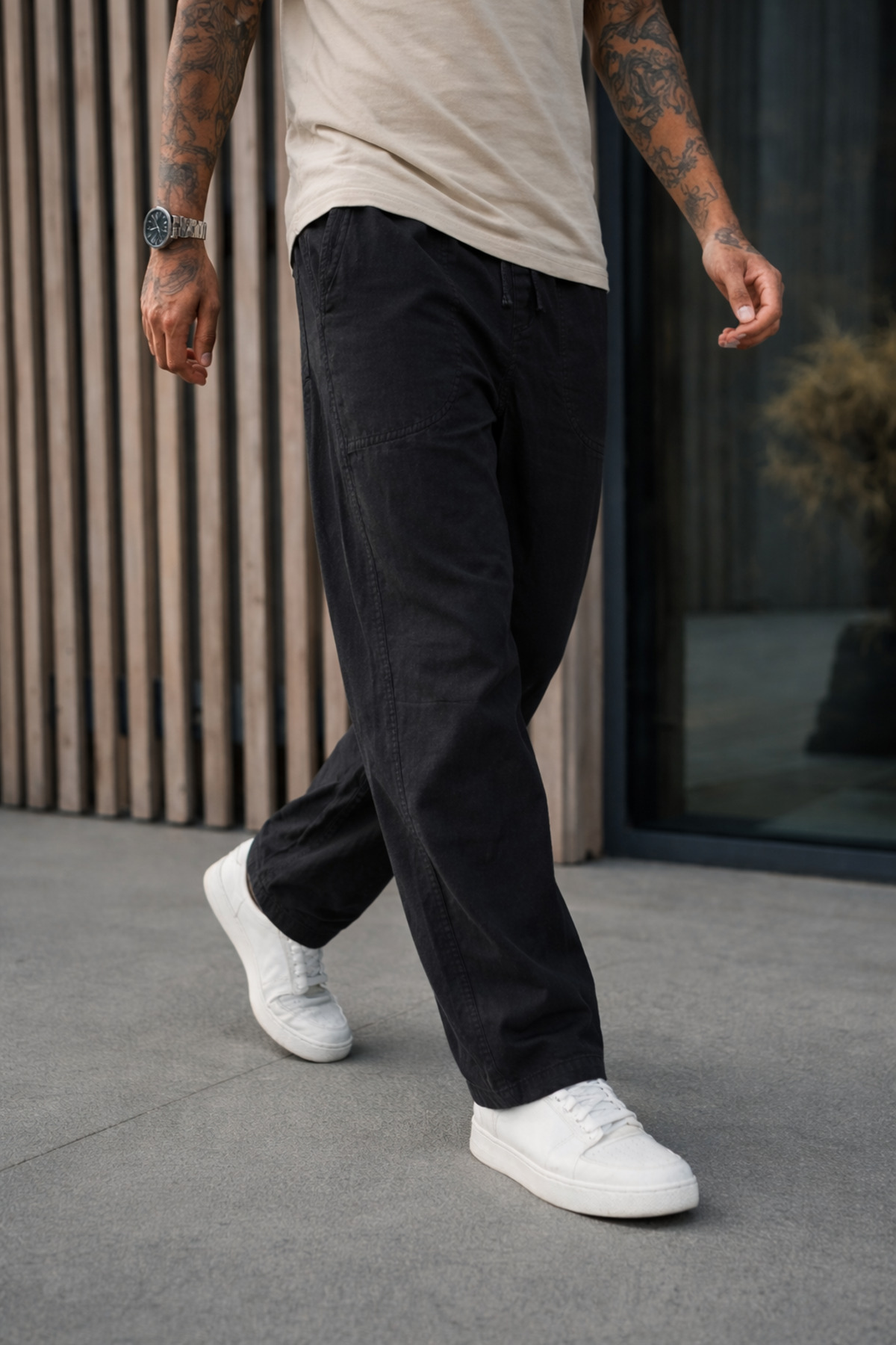 DAMGA JEANS  Erkek Premium Jogger Relax Fit Siyah Keten Pantolon - Görsel 2