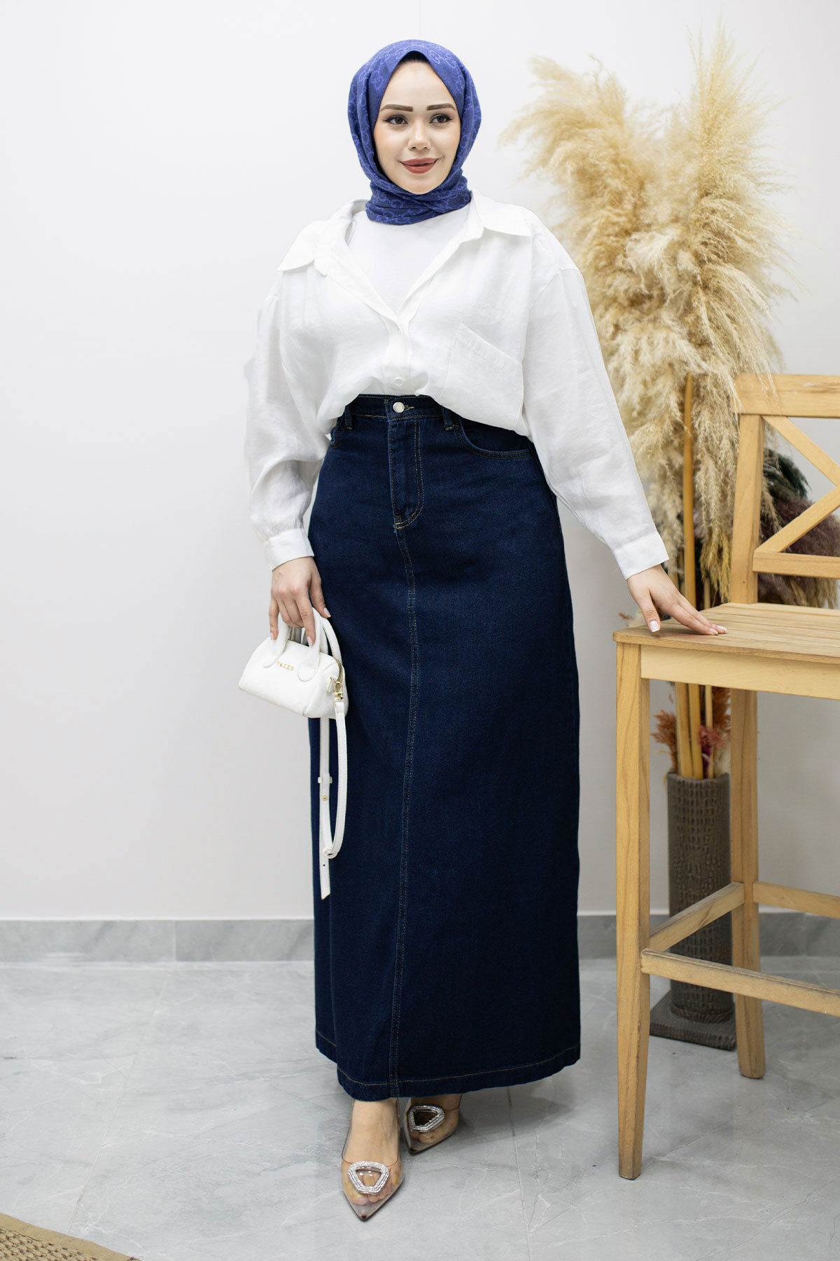 Tesettür Dünyası High Waist Denim Skirt Tsd260120 Dark Blue- Trendyol