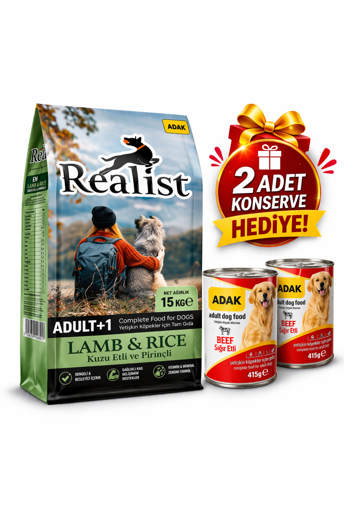 REALİSTDOG Realist Kuzu Etli Pirinçli Yetişkin Köpek Maması 15 KG + 2 Adet ADAK Sığır Etli Konserve Hediye - Fiyatı, Yorumları
