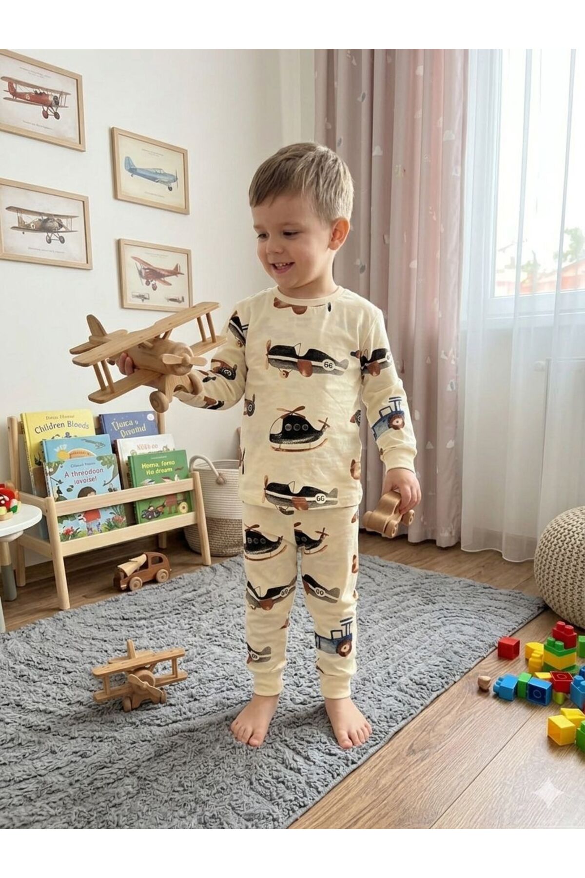 SERRASTIL Erkek Çocuk Helikopter Desenli Krem Renk Pamuklu Uzun Kol Pijama Takımı fotoğrafı 2 (önizleme)