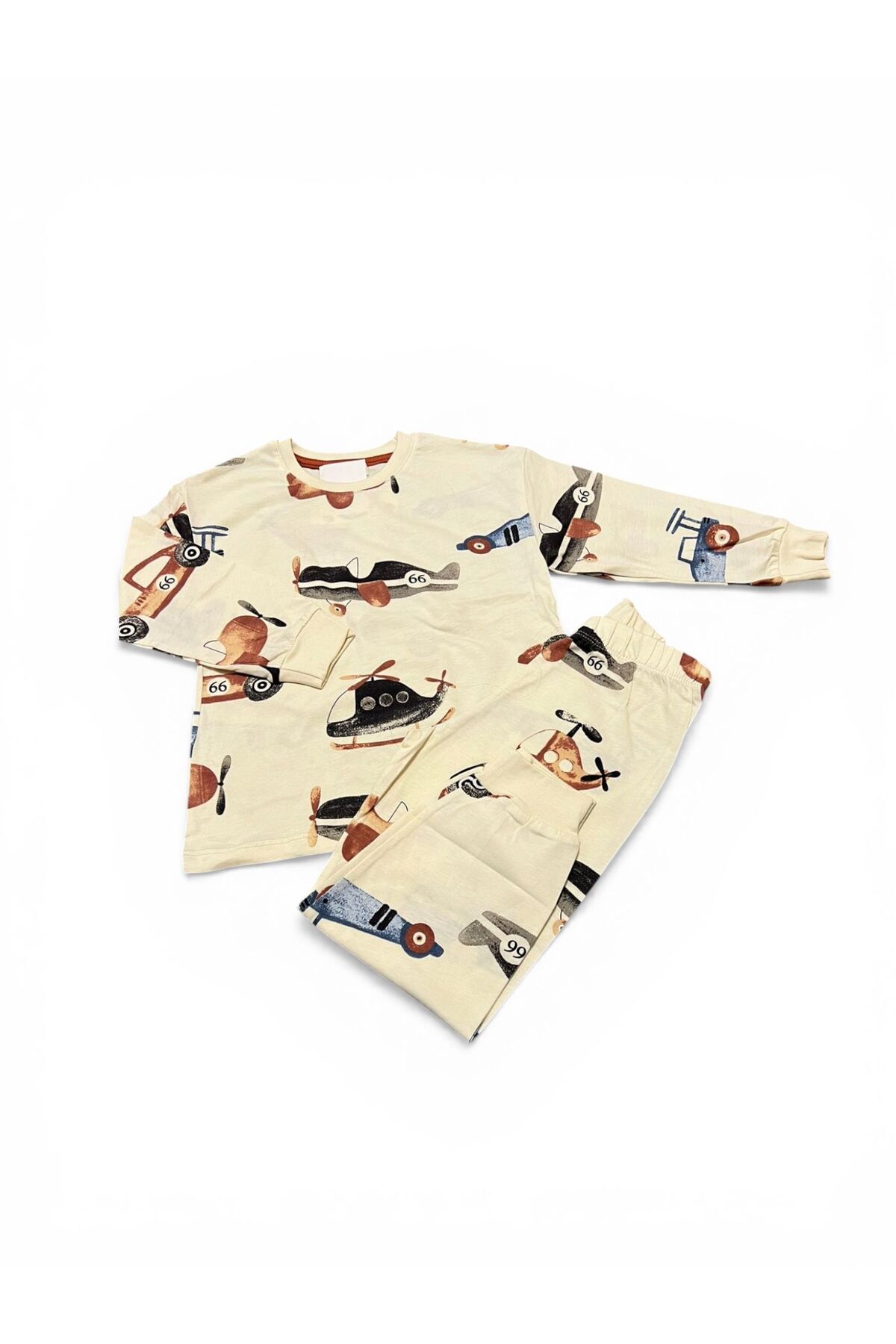 SERRASTIL Erkek Çocuk Helikopter Desenli Krem Renk Pamuklu Uzun Kol Pijama Takımı fotoğrafı 6 (önizleme)