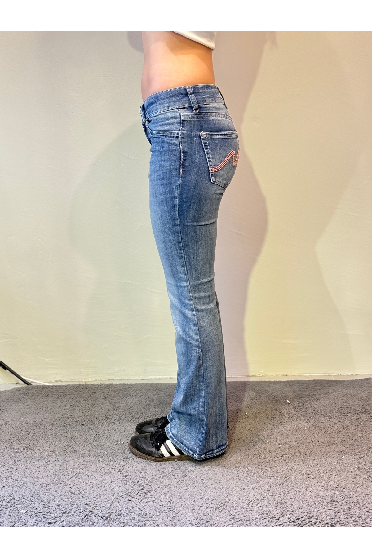 Messy Girls  Flare Kesim Düşük Bel Koyu Mavi Cep Desenli Jean Kot Pantolon - Görsel 5