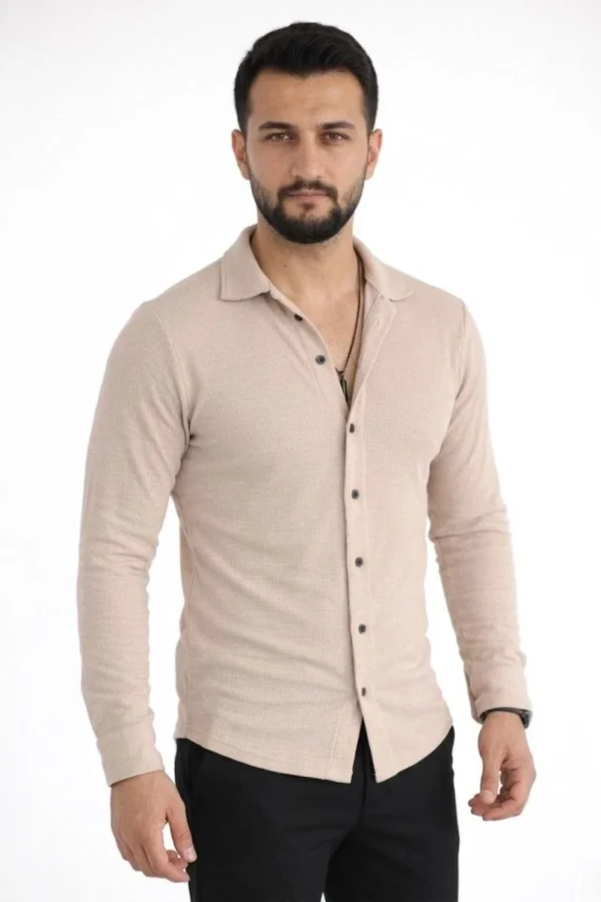 GETFAY Erkek Waffle Kumaş Uzun Kollu Düğmeli Açık Yaka Regular Fit Gömlek 10344-Bej fotoğrafı 3 (önizleme)