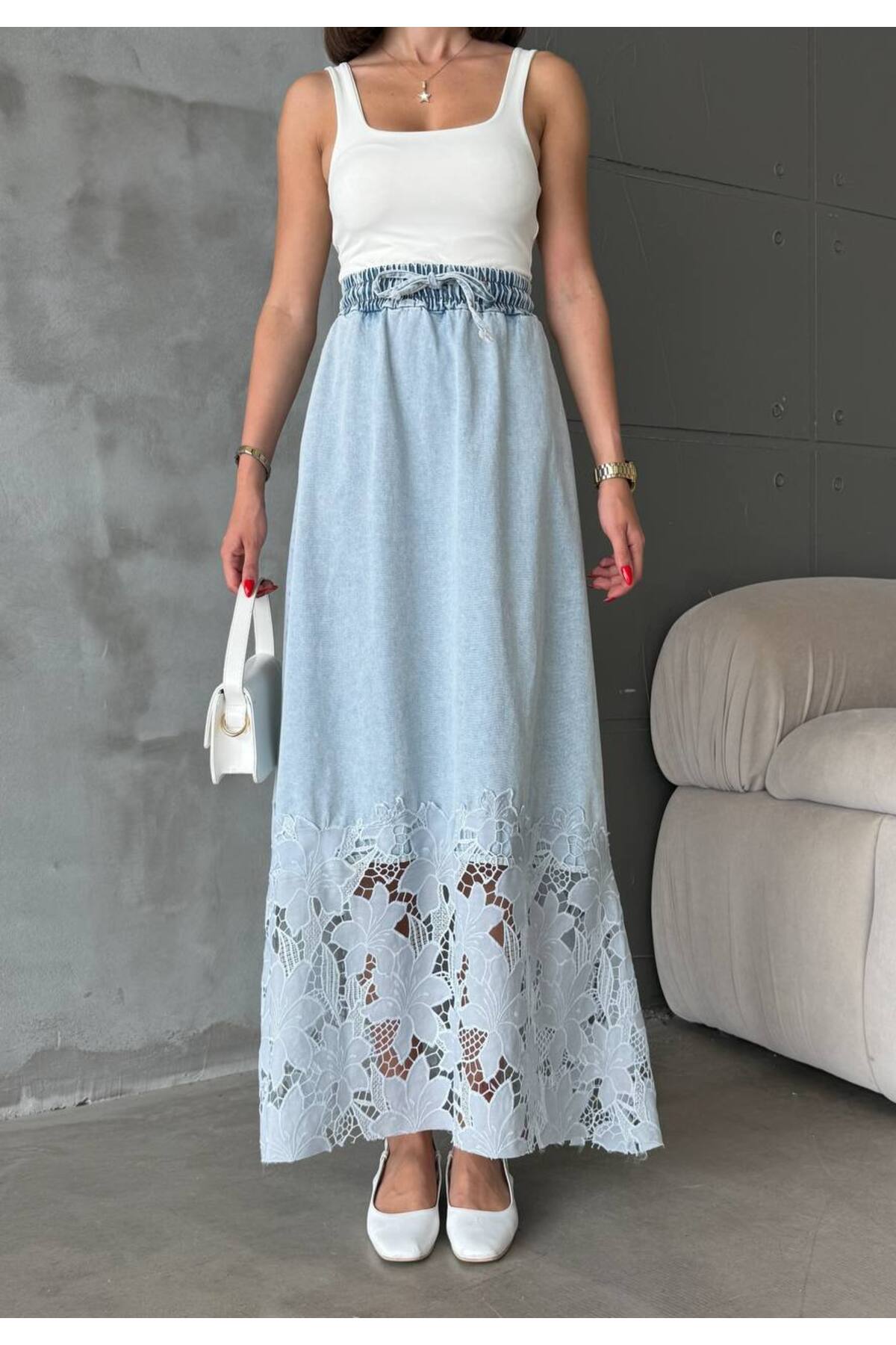 jeanlog  Dantel Detaylı Yüksek Bel Midi Etek Belden Lastik Ve Bağlamalı - Görsel 6