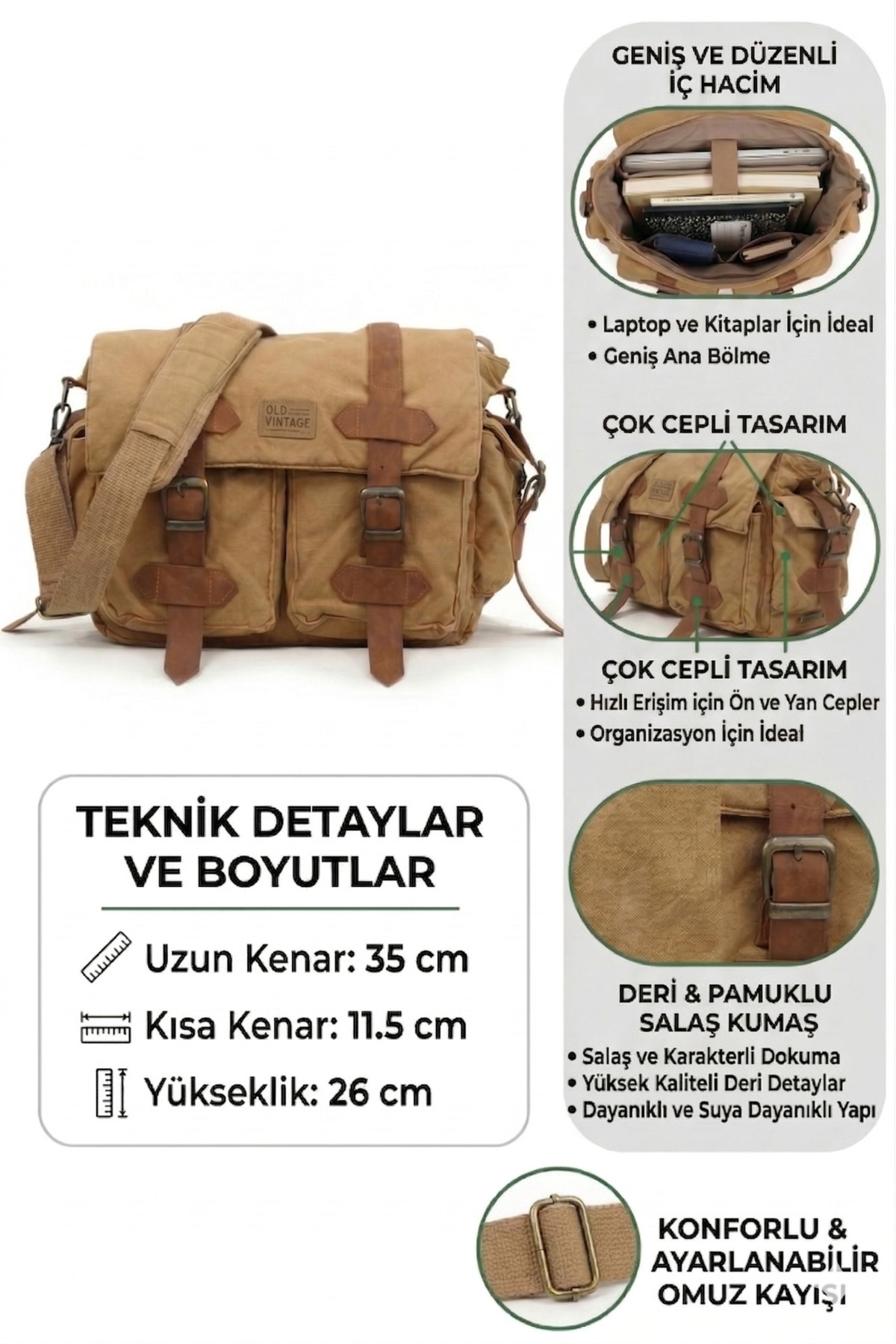 MANDOSİ Salaş Pamuk Postacı Çantası - Büyük Boy Fonksiyonel Günlük Vintage Çok Bölmeli görsel 3