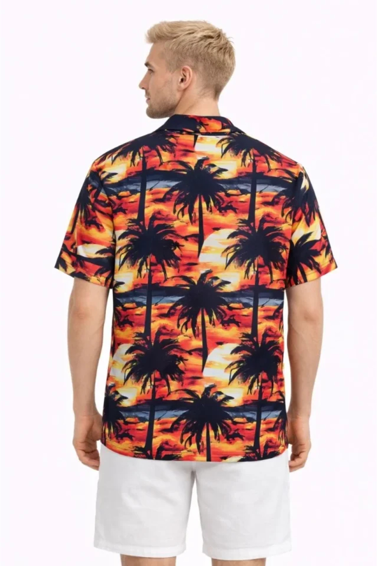 GETFAY Erkek Gün Batımı Palmiye Desenli Kısa Kol Gömlek Hawaii Tarz Yazlık Rahat Kalıp 10352-Desenli fotoğrafı 3 (önizleme)
