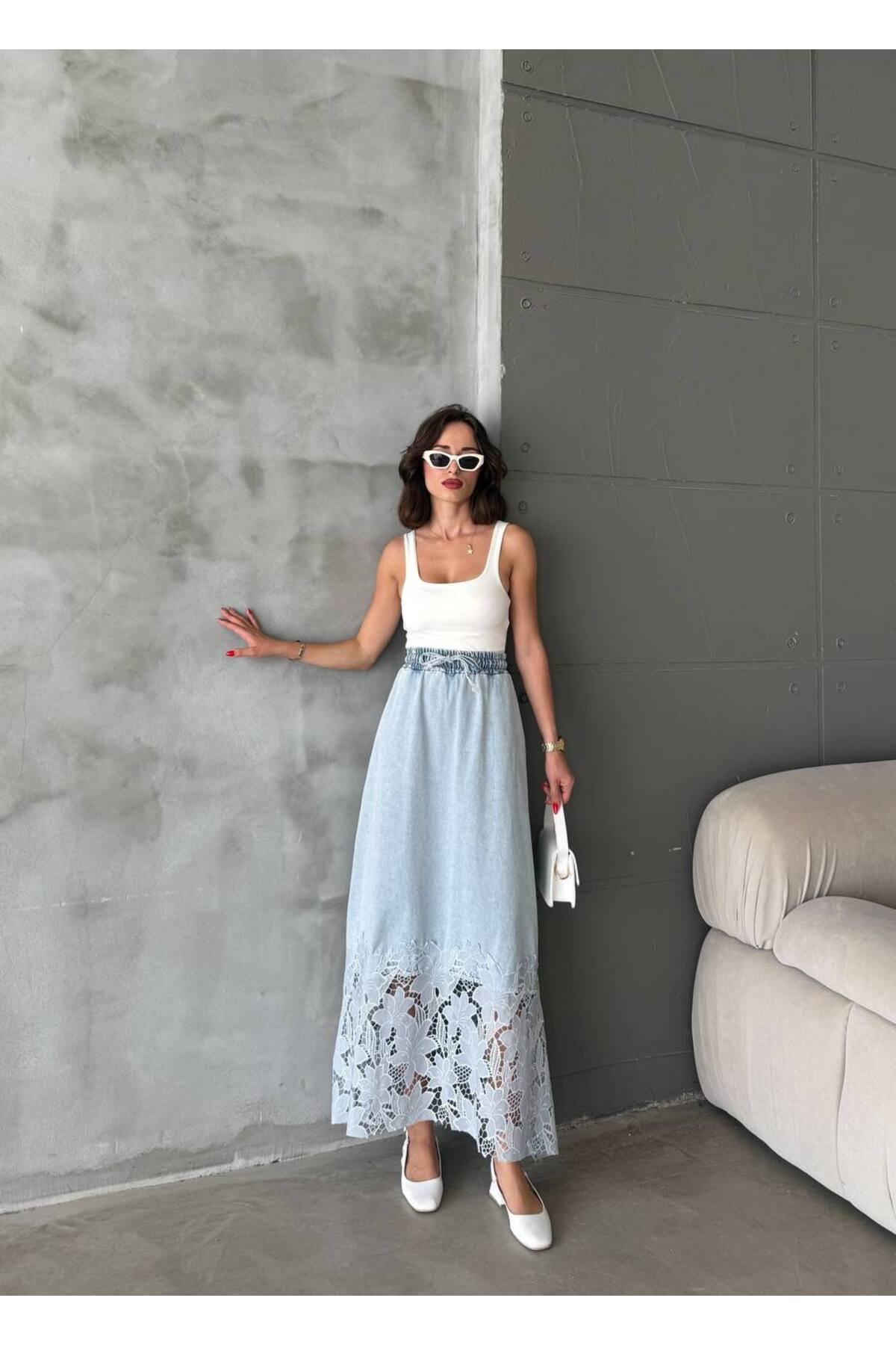 jeanlog  Dantel Detaylı Yüksek Bel Midi Etek Belden Lastik Ve Bağlamalı - Görsel 3