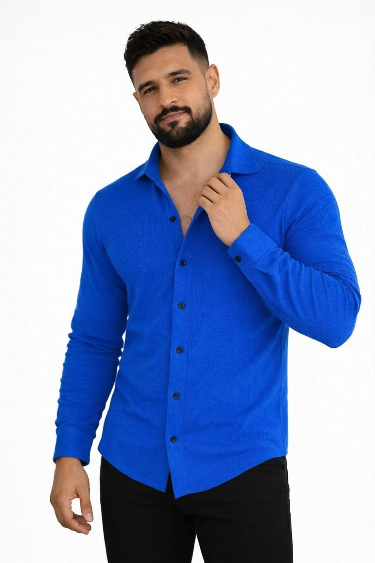 pilelistore Erkek Waffle Kumaş Uzun Kollu Düğmeli Açık Yaka Regular Fit Gömlek - Saks Mavisi fotoğrafı 2 (önizleme)