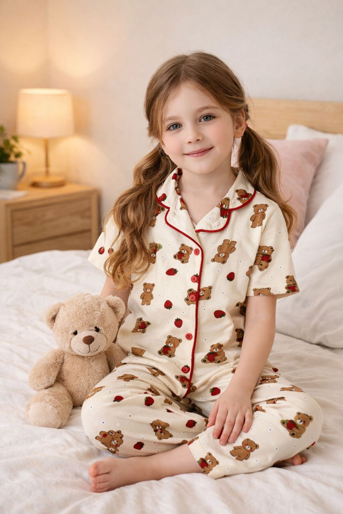 byalisdmr KIZ ÇOCUK PİJAMA TAKIMI YAZLIK %100 PAMUK MİLAN KUMAŞ KISA KOLLU BİYE DETAY GÖMLEK YAKA fotoğrafı 3 (önizleme)