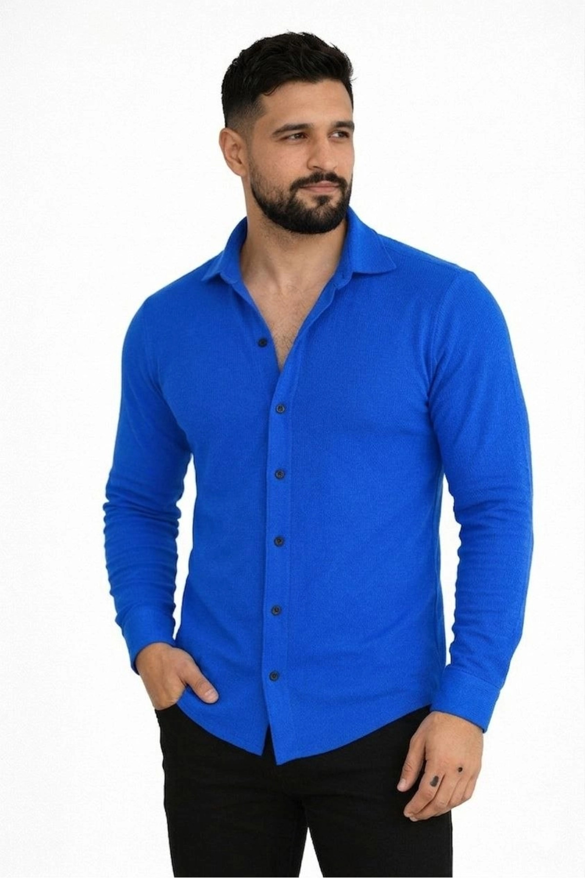 pilelistore Erkek Waffle Kumaş Uzun Kollu Düğmeli Açık Yaka Regular Fit Gömlek - Saks Mavisi fotoğrafı 4 (önizleme)